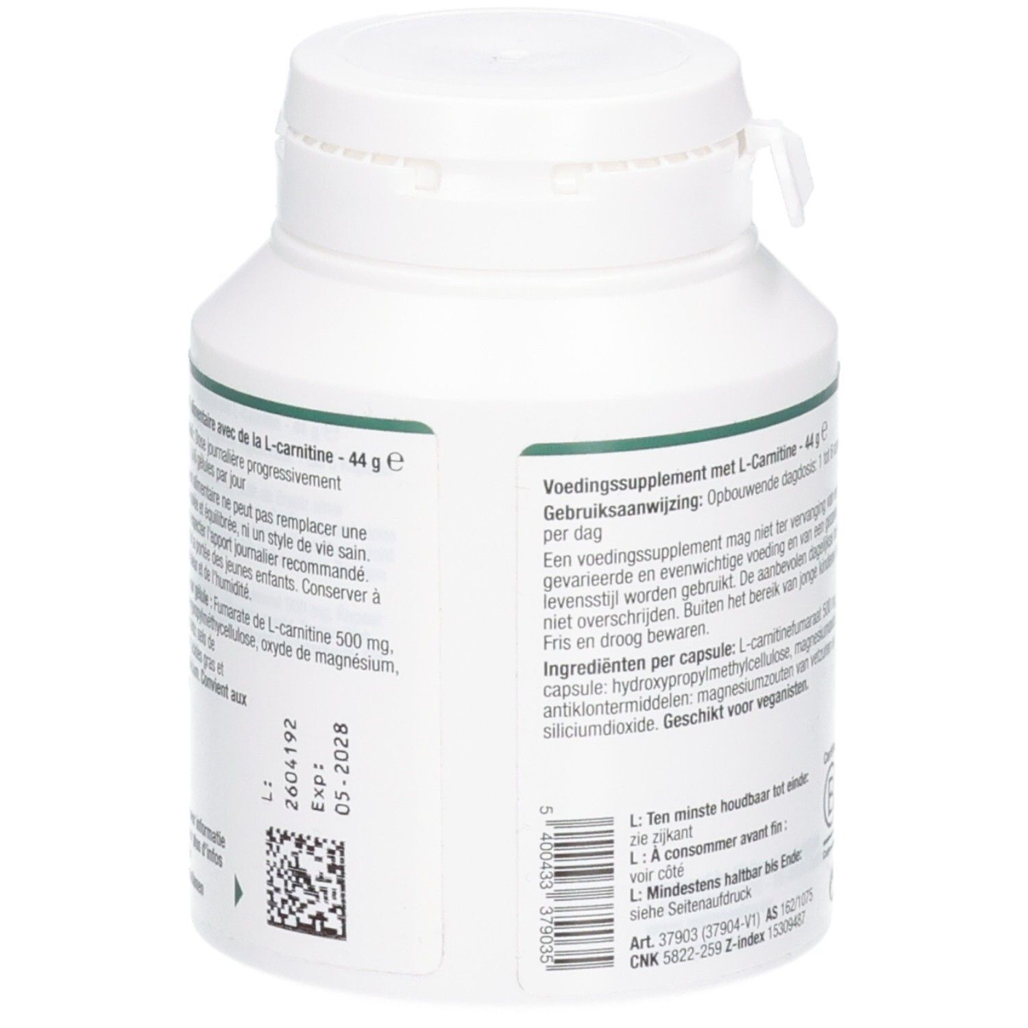 Zijaanzicht van een Metagenics L-Carnitine fles met batchnummer en vervaldatum.