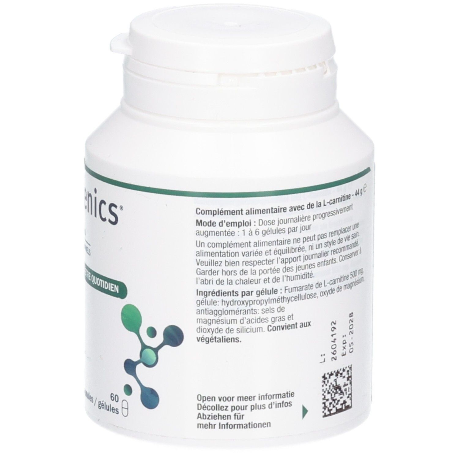 Achterkant van een Metagenics L-Carnitine fles met gedetailleerde gebruiksaanwijzing.