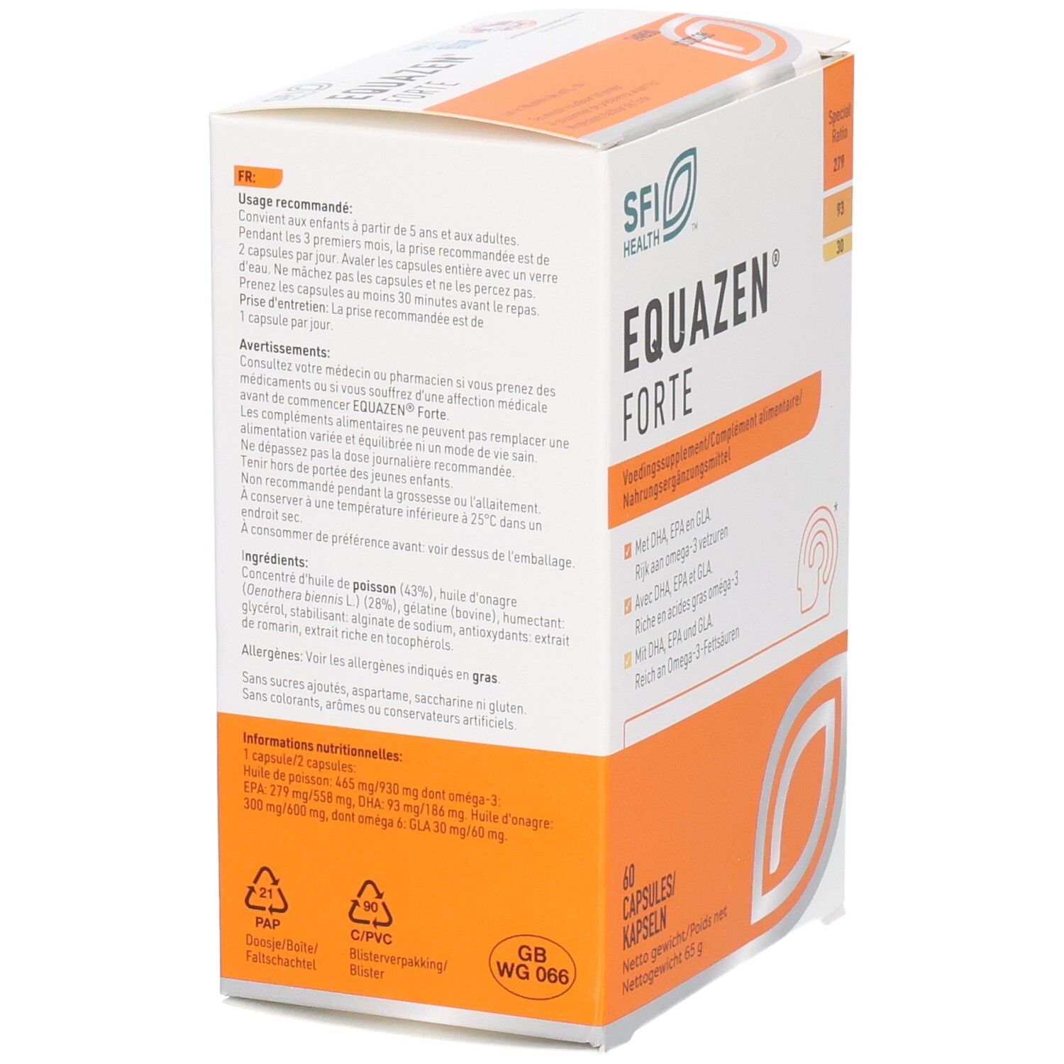 Achterkant van de Equazen Forte-verpakking. Bevat informatie over ingrediënten en voedingswaarde. Witte en oranje doos.