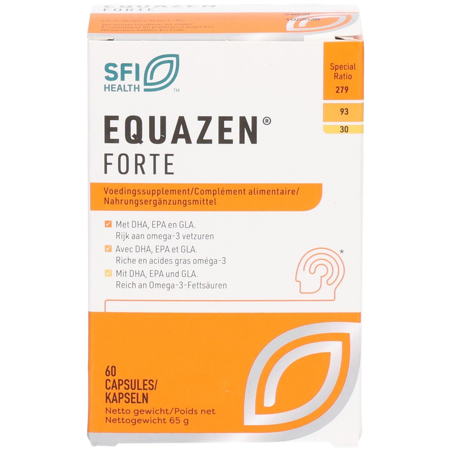 Voorkant van de Equazen Forte-verpakking. Bevat productnaam en logo's. Witte en oranje doos.
