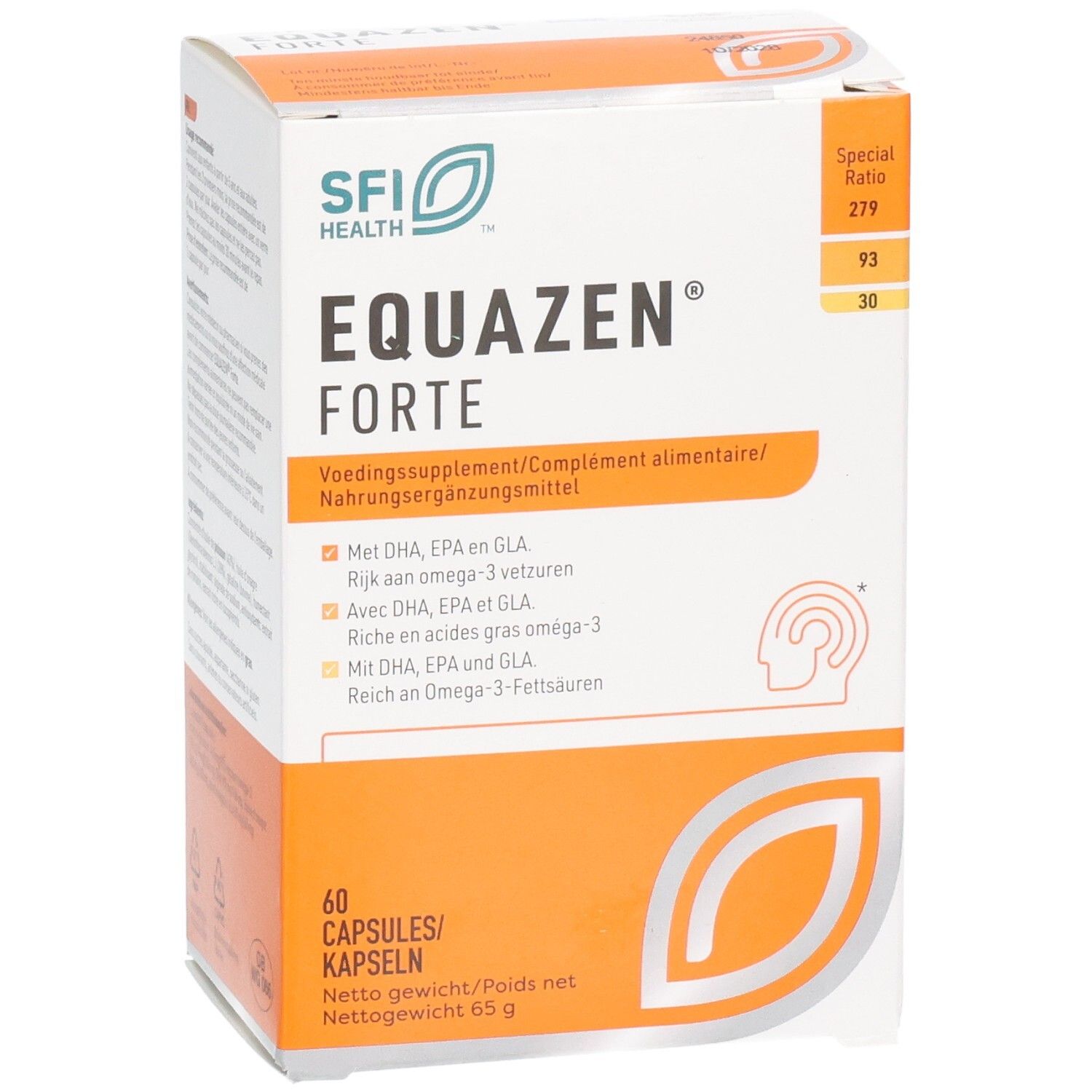 Voorkant van de Equazen Forte-verpakking. Bevat productnaam en logo's. Witte en oranje doos.