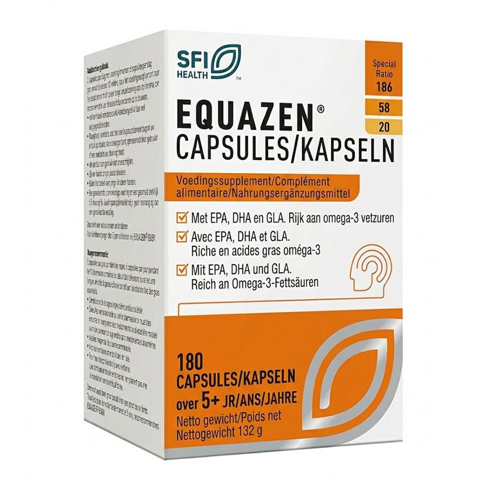 Equazen Capsules: 180 capsules, voedingssupplement met EPA, DHA en GLA. Speciale ratio 186:58:20.