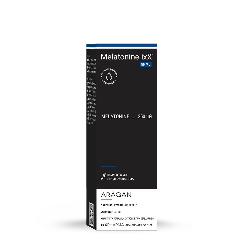 Verpakking: "Melatonine-ixX" 50 ML, "Melatonine .... 250 µg", pipet, frambozensmaak.