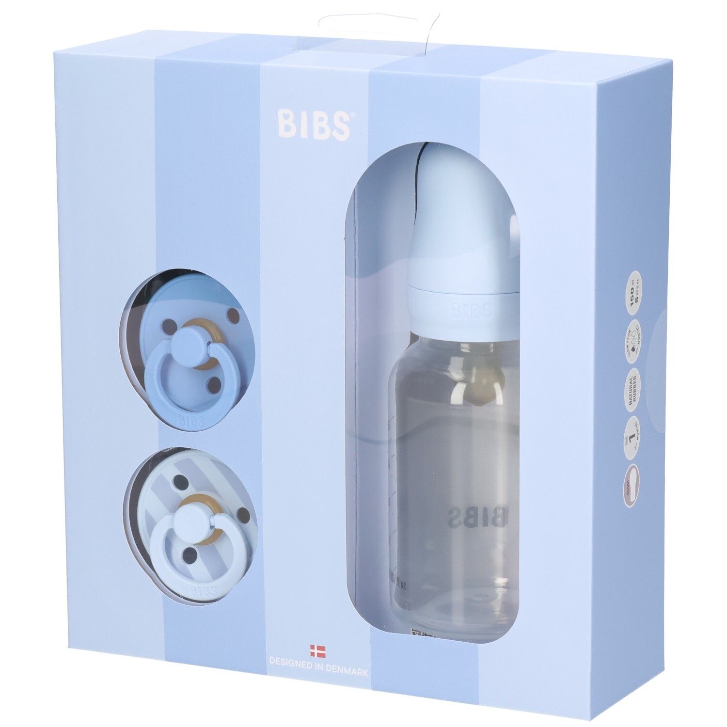 Blauwe geschenkset met fles en fopspenen. Merk BIBS. Verpakking met venster.