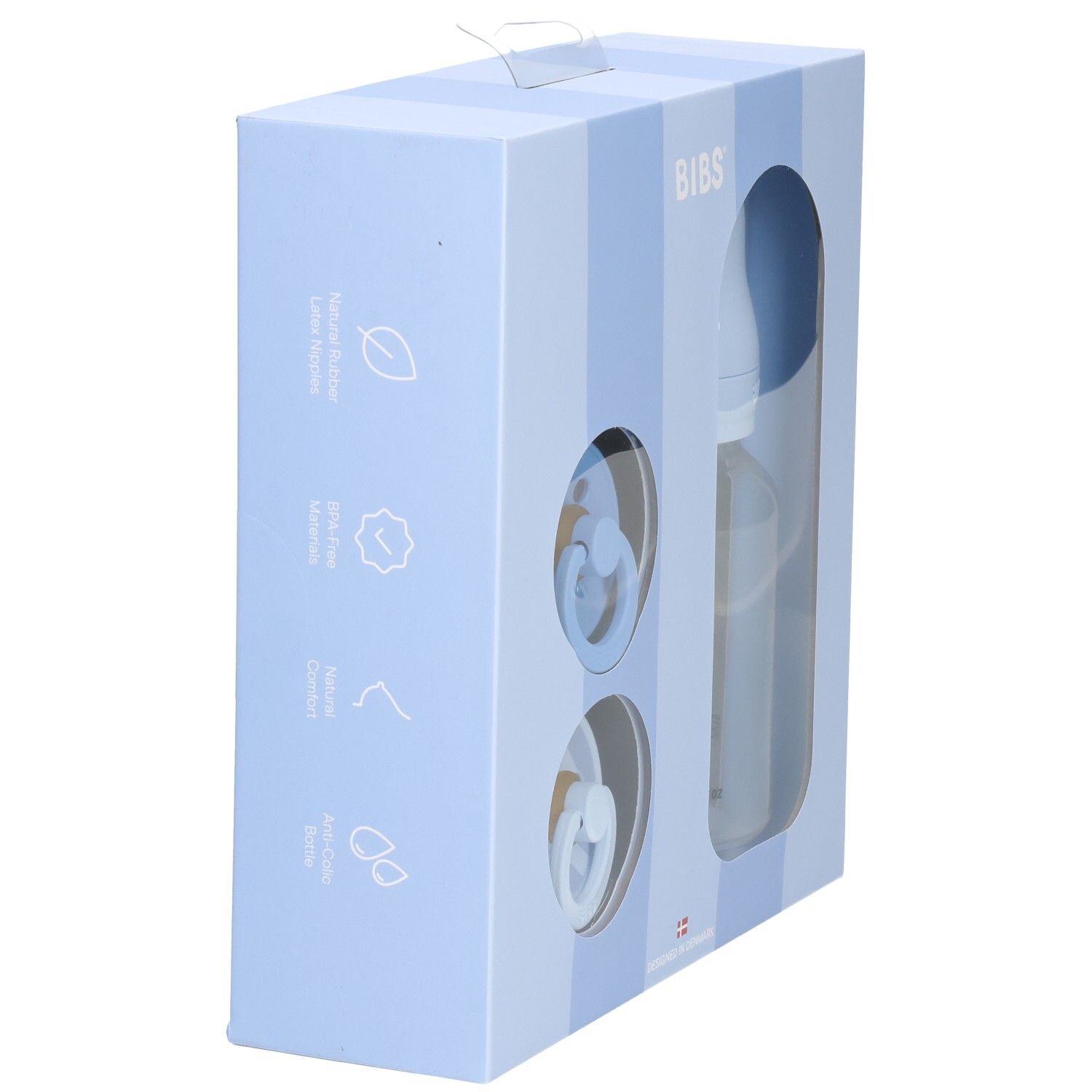 Blauwe geschenkset met fles en fopspenen. Merk BIBS. Verpakking met illustraties.