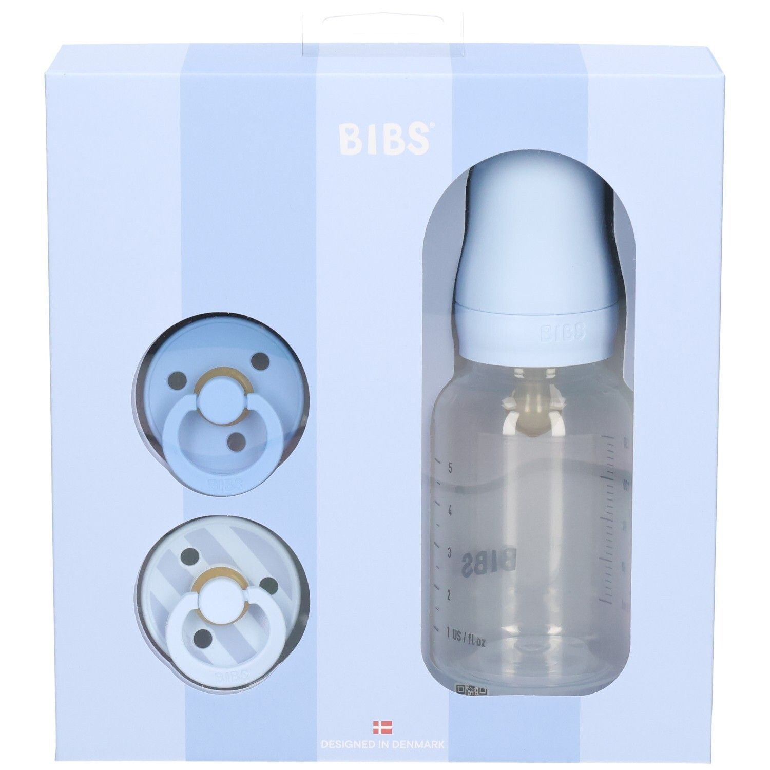 Blauwe geschenkset met fles en fopspenen. Merk BIBS. Verpakking met venster.
