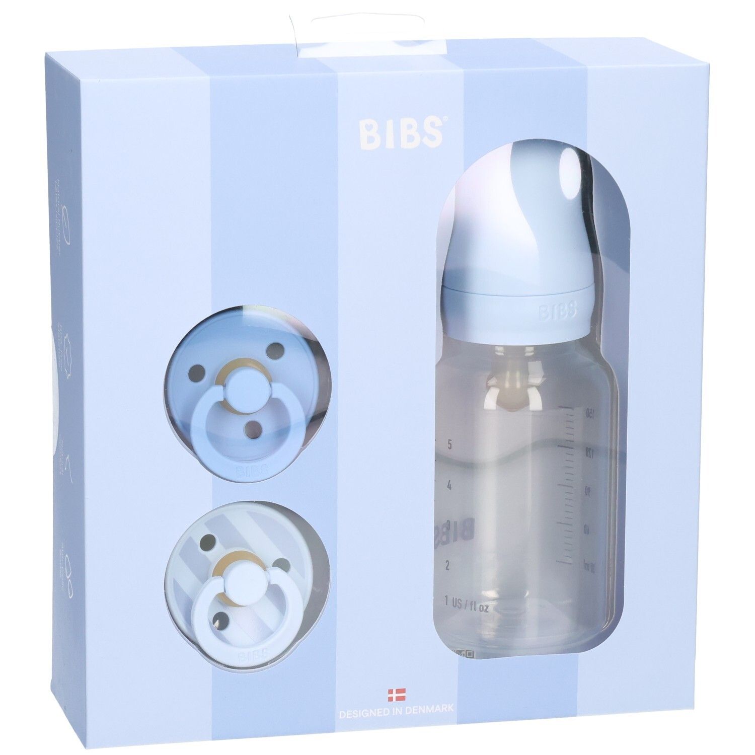 Blauwe geschenkset met fles en fopspenen. Merk BIBS. Verpakking met venster.