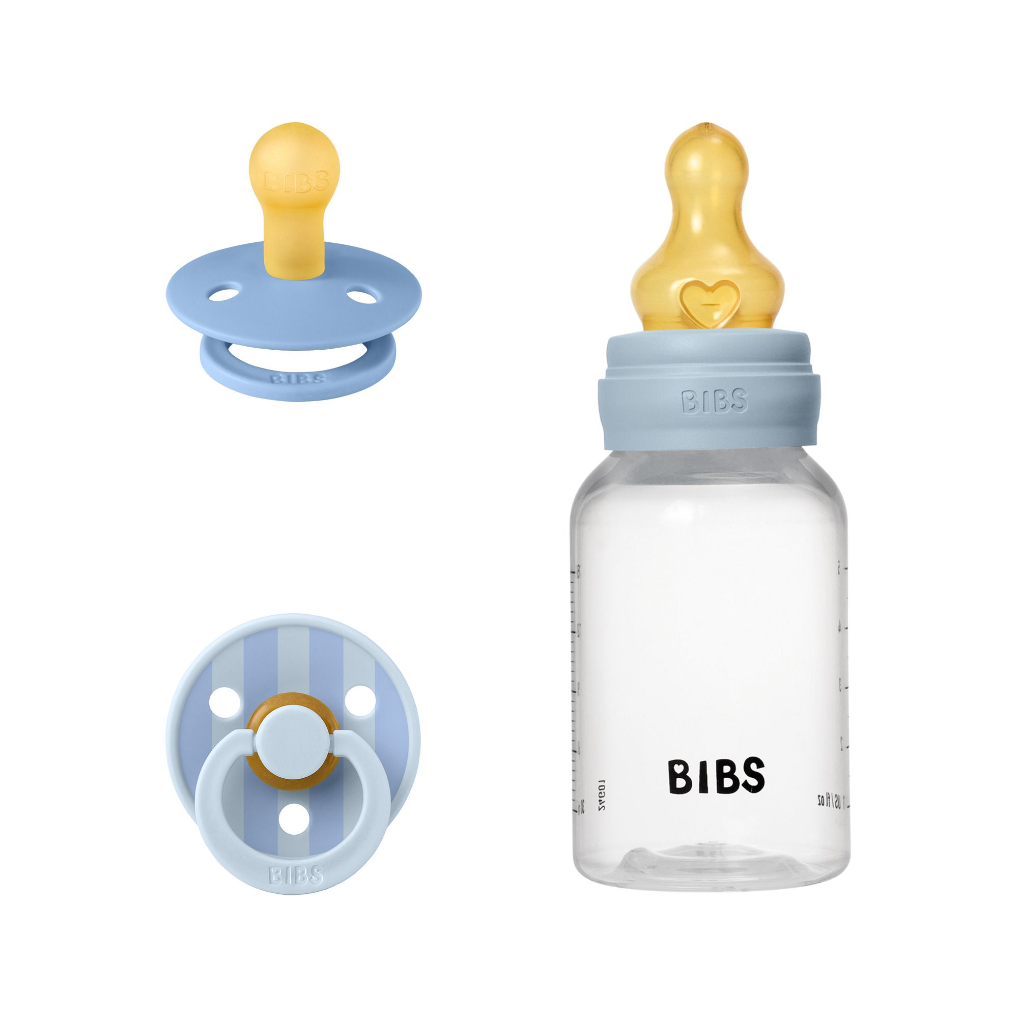 Ensemble bleu avec biberon et sucette. Marque BIBS. Produits individuels.