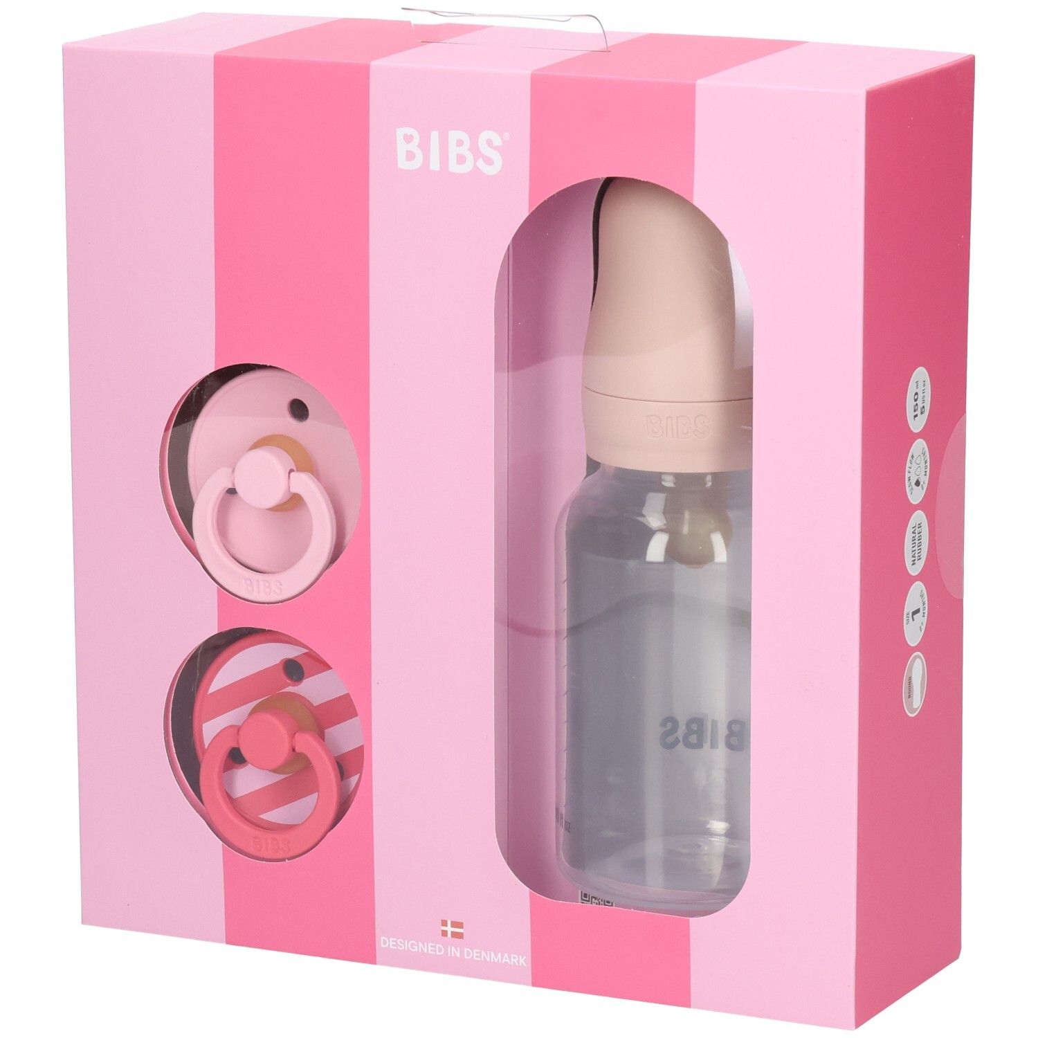 Roze geschenkverpakking met fopspenen en fles. BIBS-logo. Transparante fles met schaalverdeling. Twee spenen.