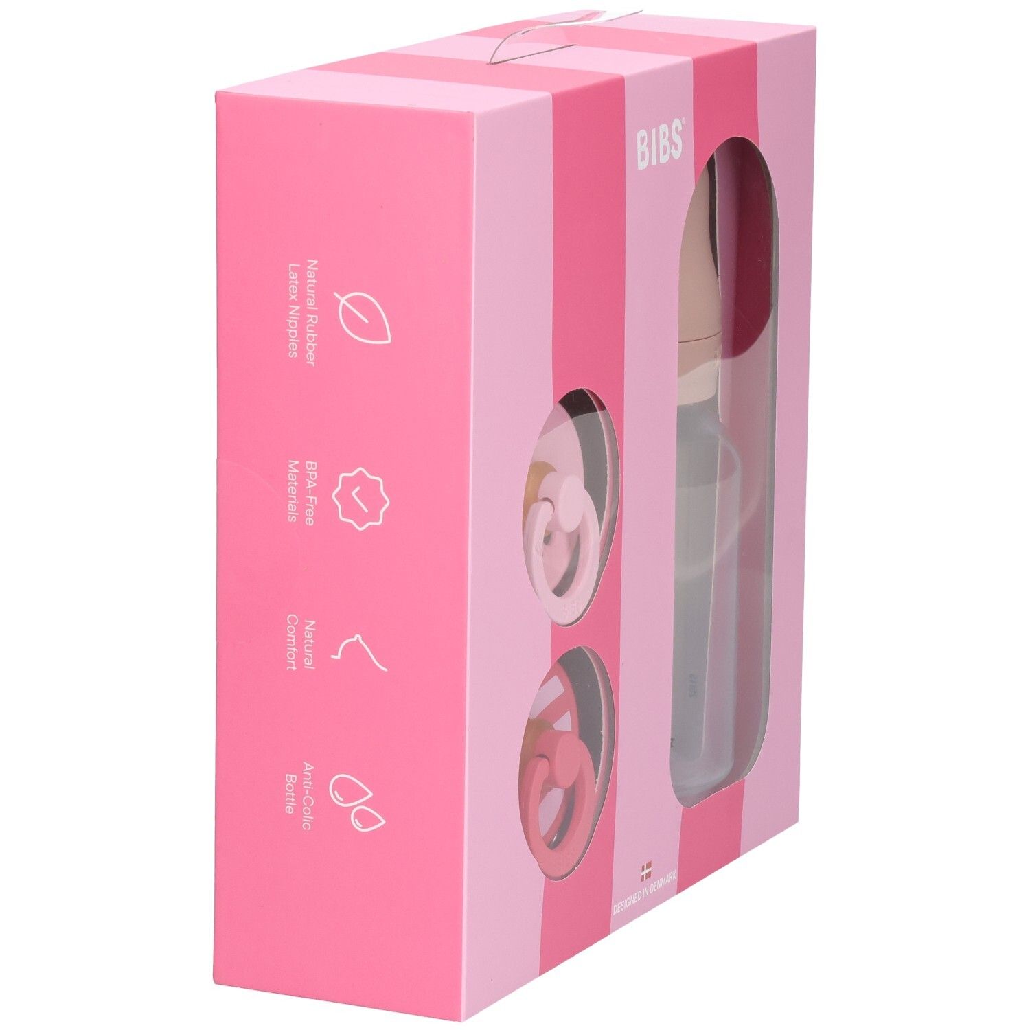 Roze geschenkverpakking met productafbeeldingen en iconen. BIBS-logo. Tekst: Natuurrubber, BPA-vrij, natuurlijk comfort.