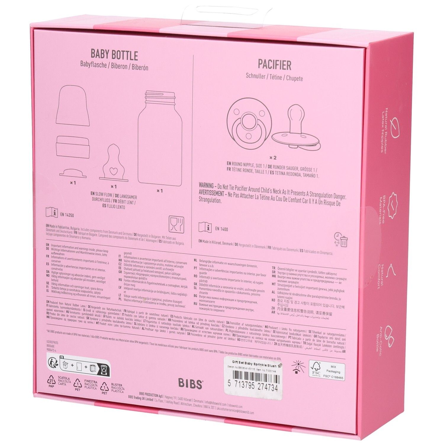 Achterkant van de roze geschenkverpakking. Productafbeeldingen en tekst. BIBS-logo. Waarschuwingen en gebruiksaanwijzingen.