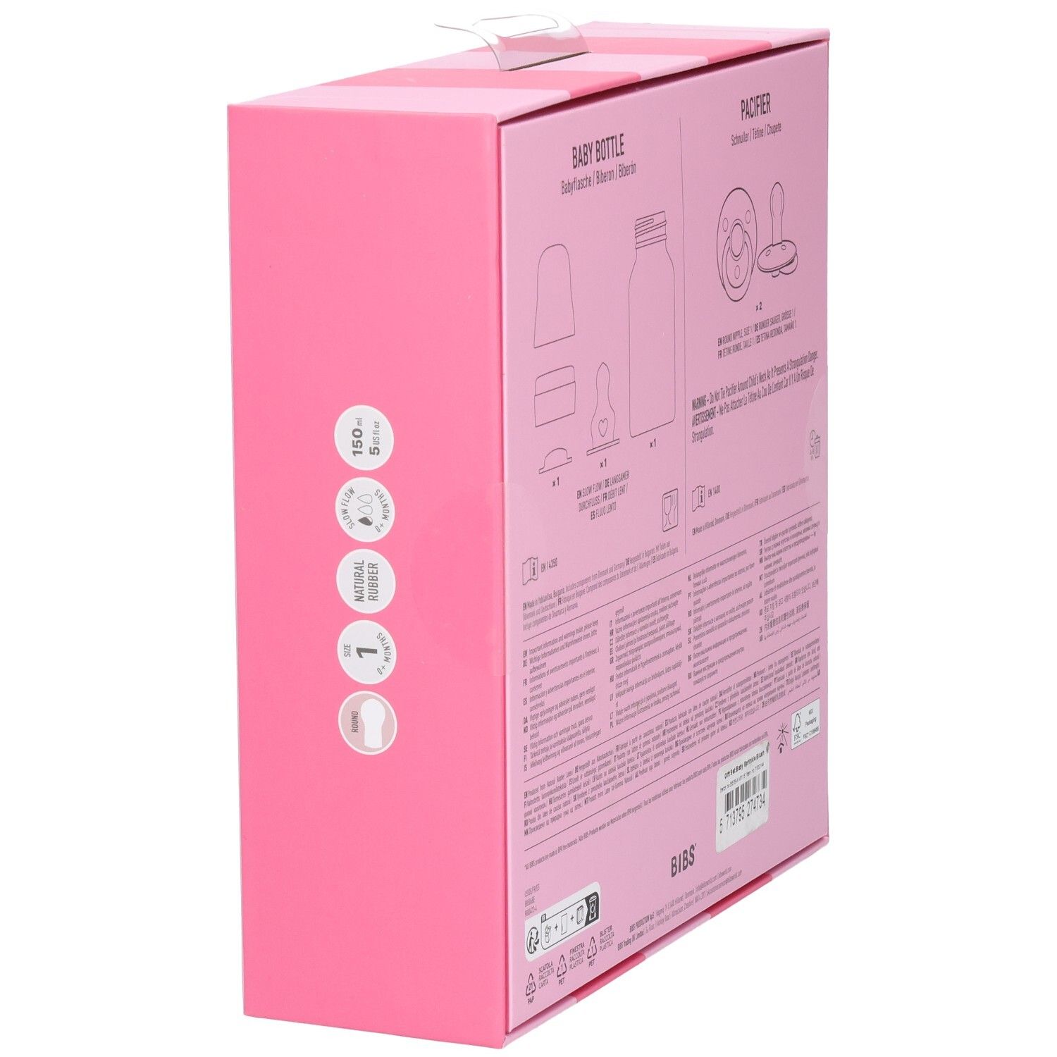 Zijkant van de roze geschenkverpakking. Productafbeeldingen en tekst. BIBS-logo. Waarschuwingen en gebruiksaanwijzingen.