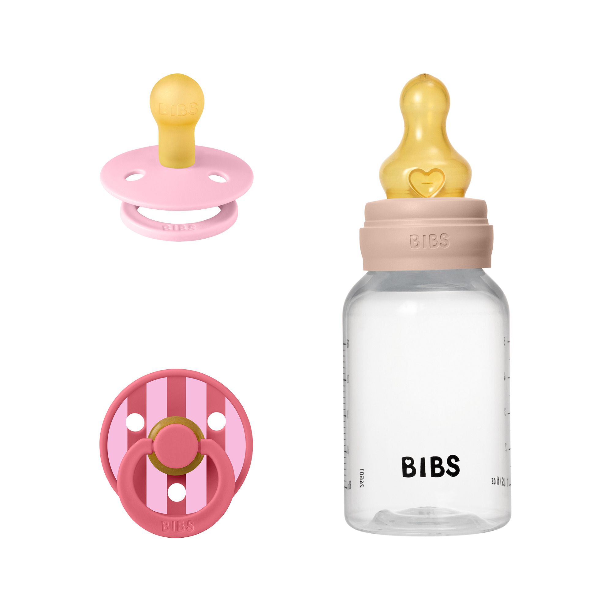 Drie items: fopspeen, fopspeen en fles. BIBS-logo op fles. Roze en gele tinten.