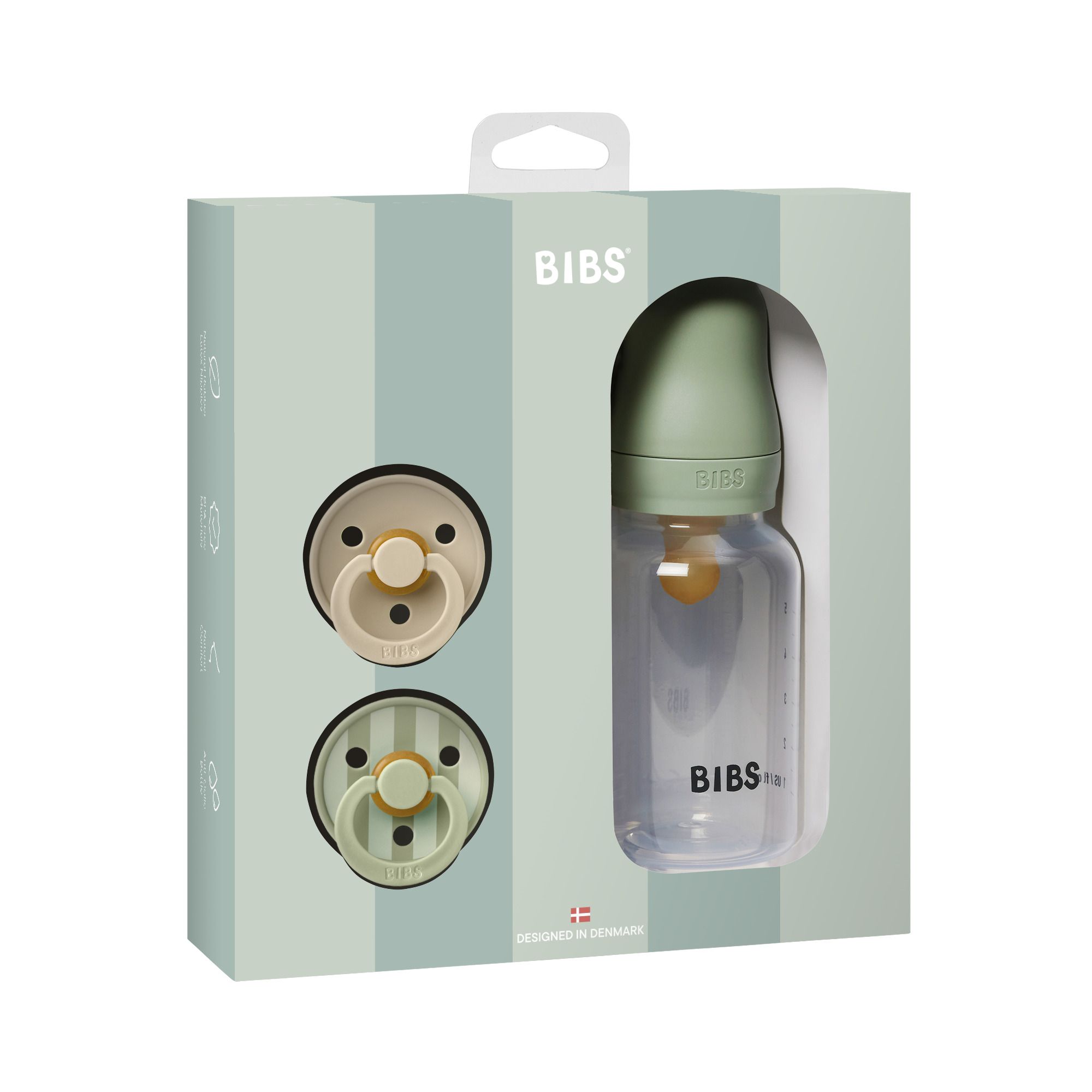 Cadeauset met twee fopspenen en een babyfles. De fles en fopspenen zijn zichtbaar.