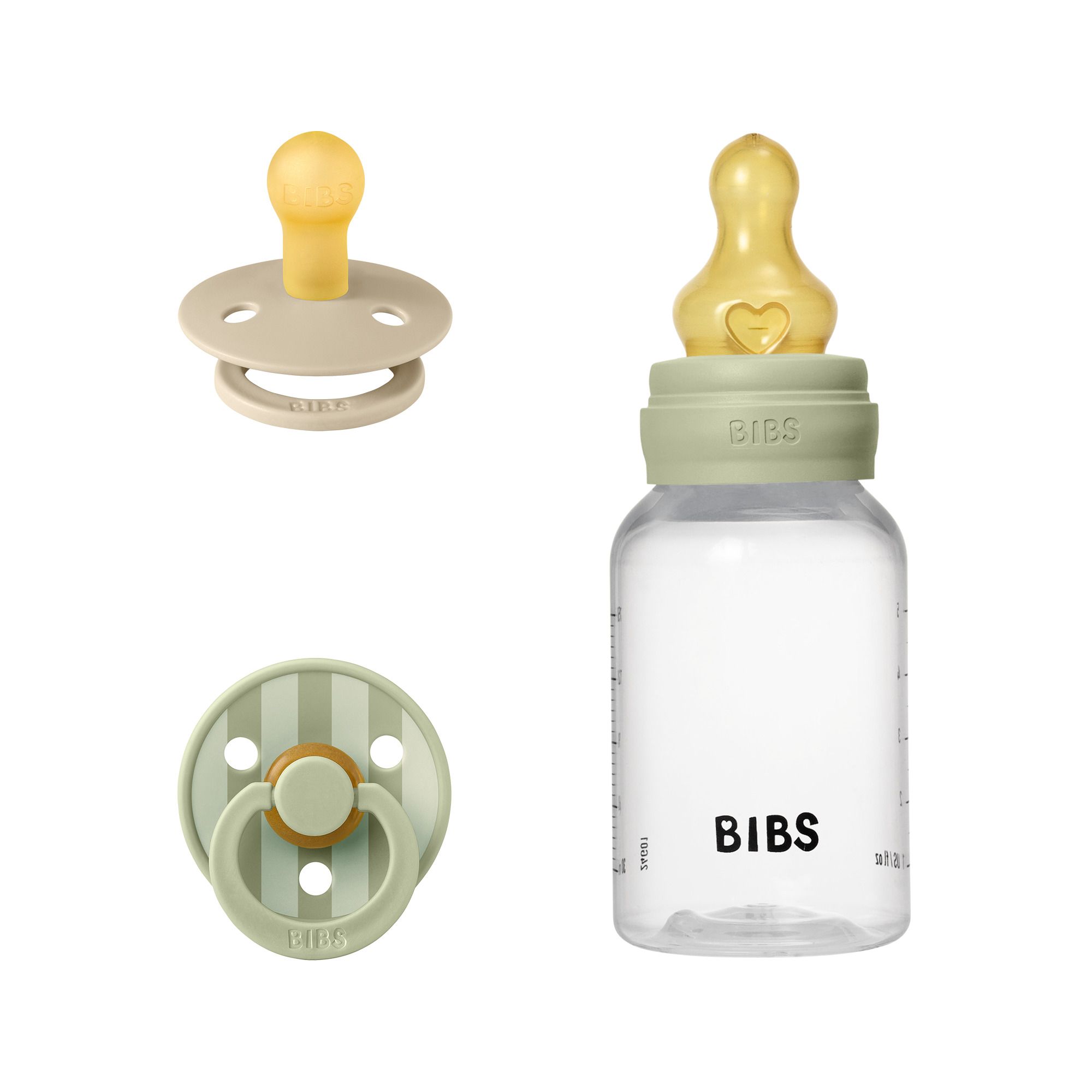 Drie producten: fopspeen, fles en nog een fopspeen. De merknaam is zichtbaar op de fles.