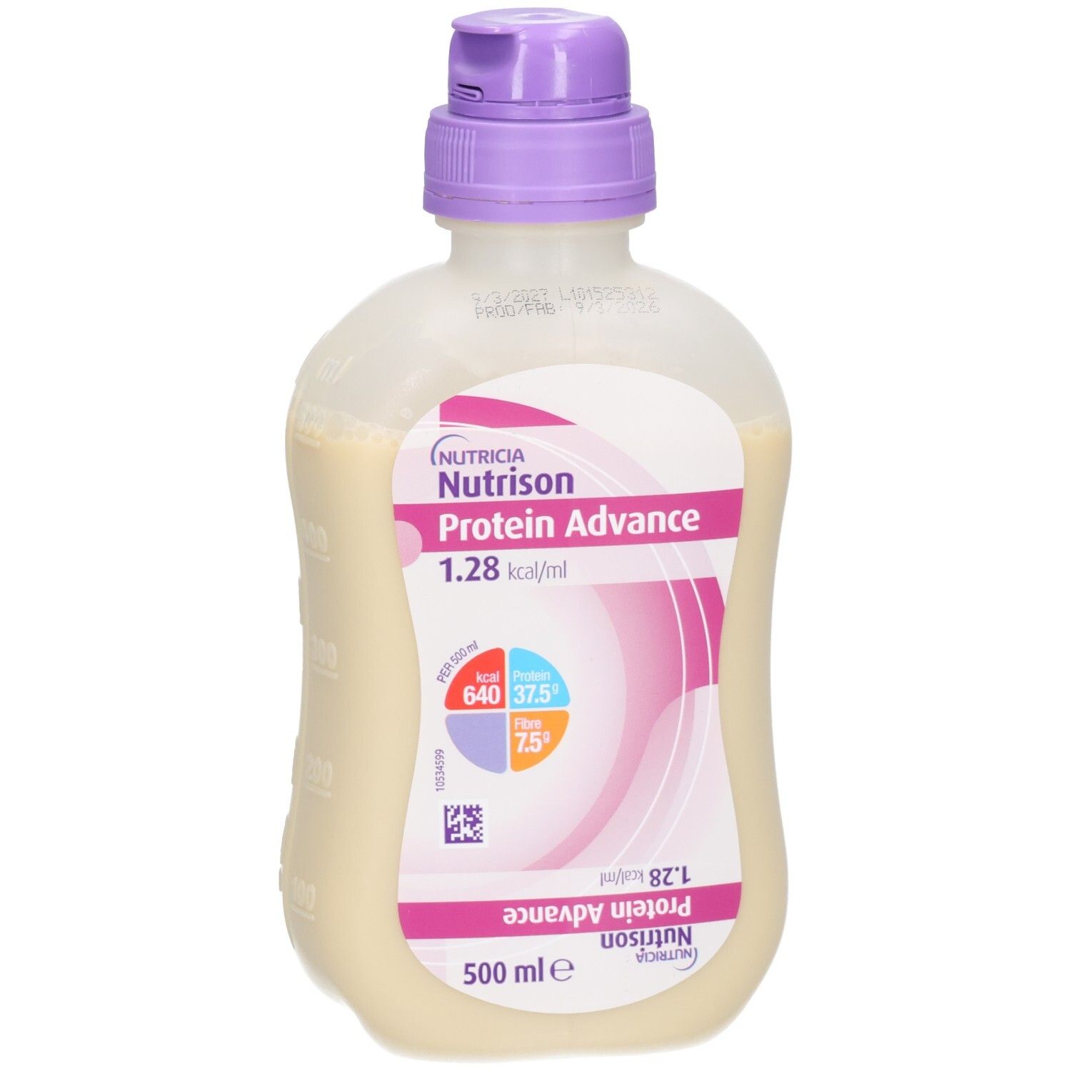Fles met vloeistof. Etiket met productinformatie: Nutricia Protein Advance, 1,28 kcal/ml. Paarse dop.