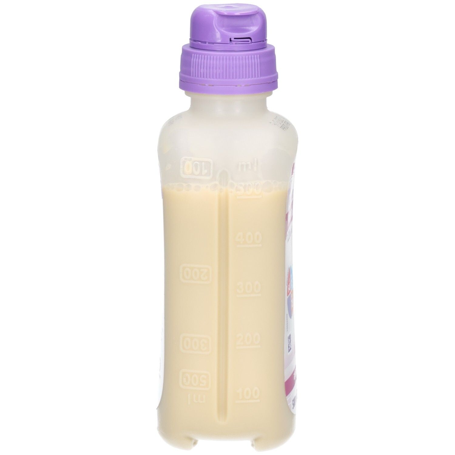 Fles met vloeistof, zijaanzicht met meetschaal. Paarse dop.