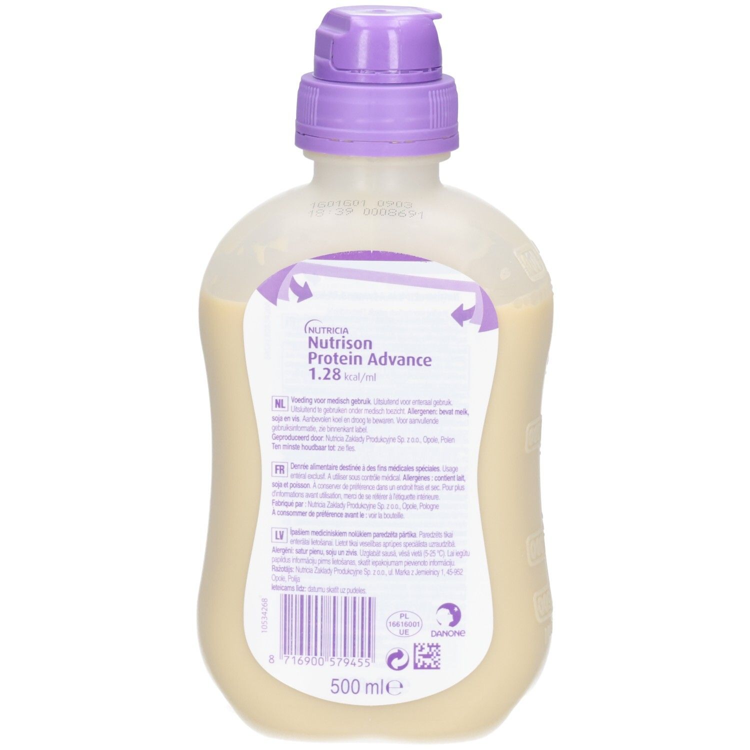 Fles met vloeistof, achterkant met productinformatie. Paarse dop.