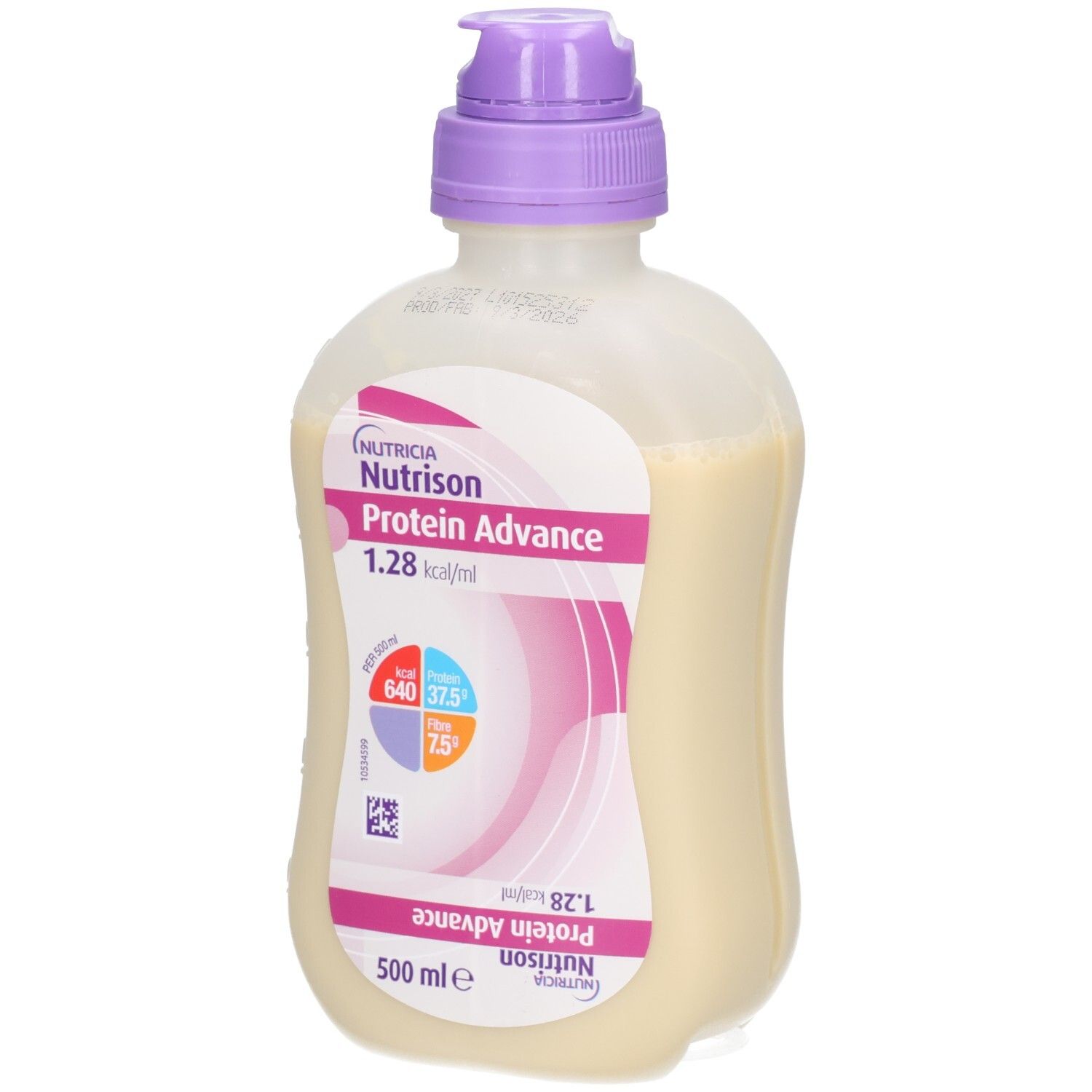 Fles met vloeistof. Etiket met productinformatie: Nutricia Protein Advance, 1,28 kcal/ml. Paarse dop.