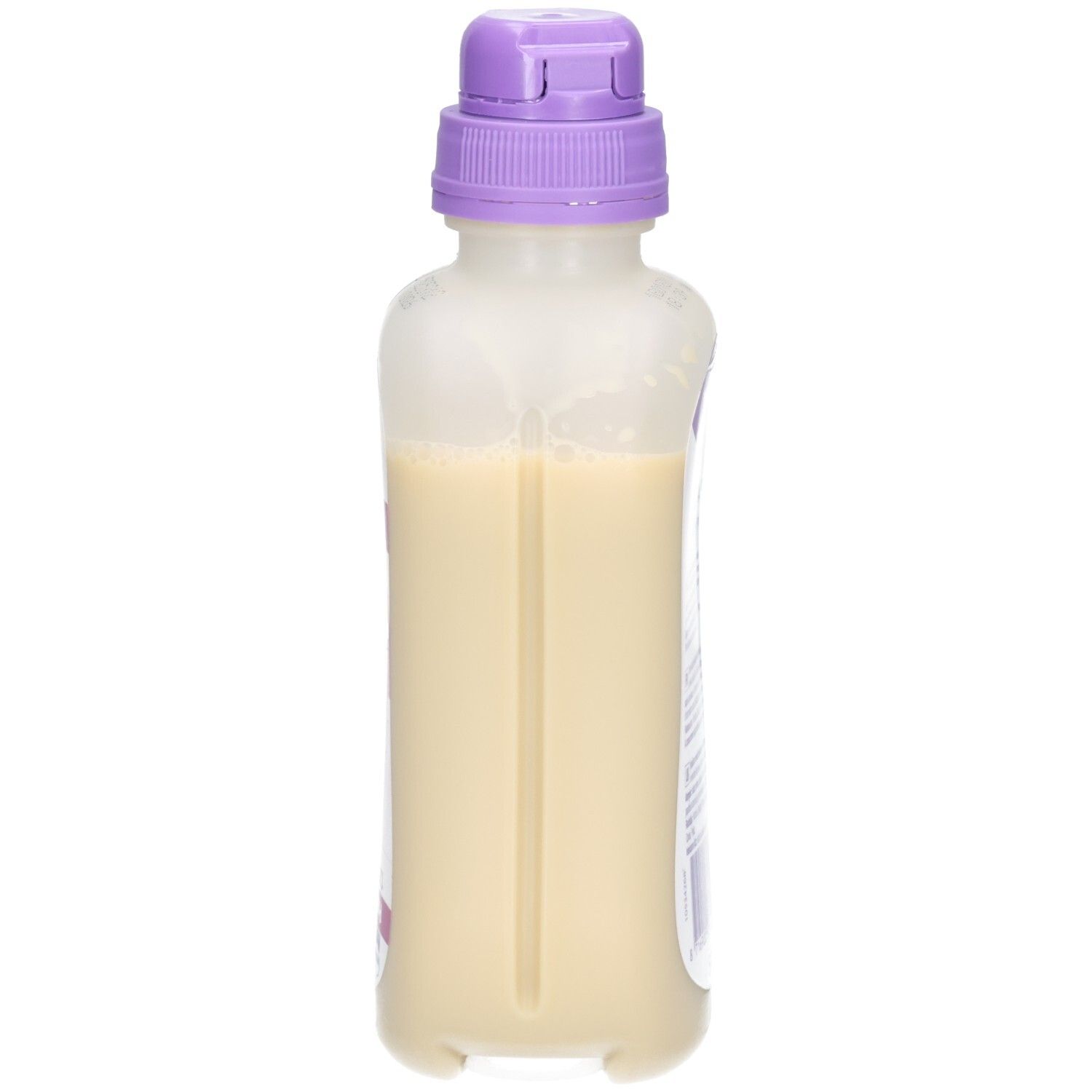 Fles met vloeistof, zijaanzicht met meetschaal. Paarse dop.