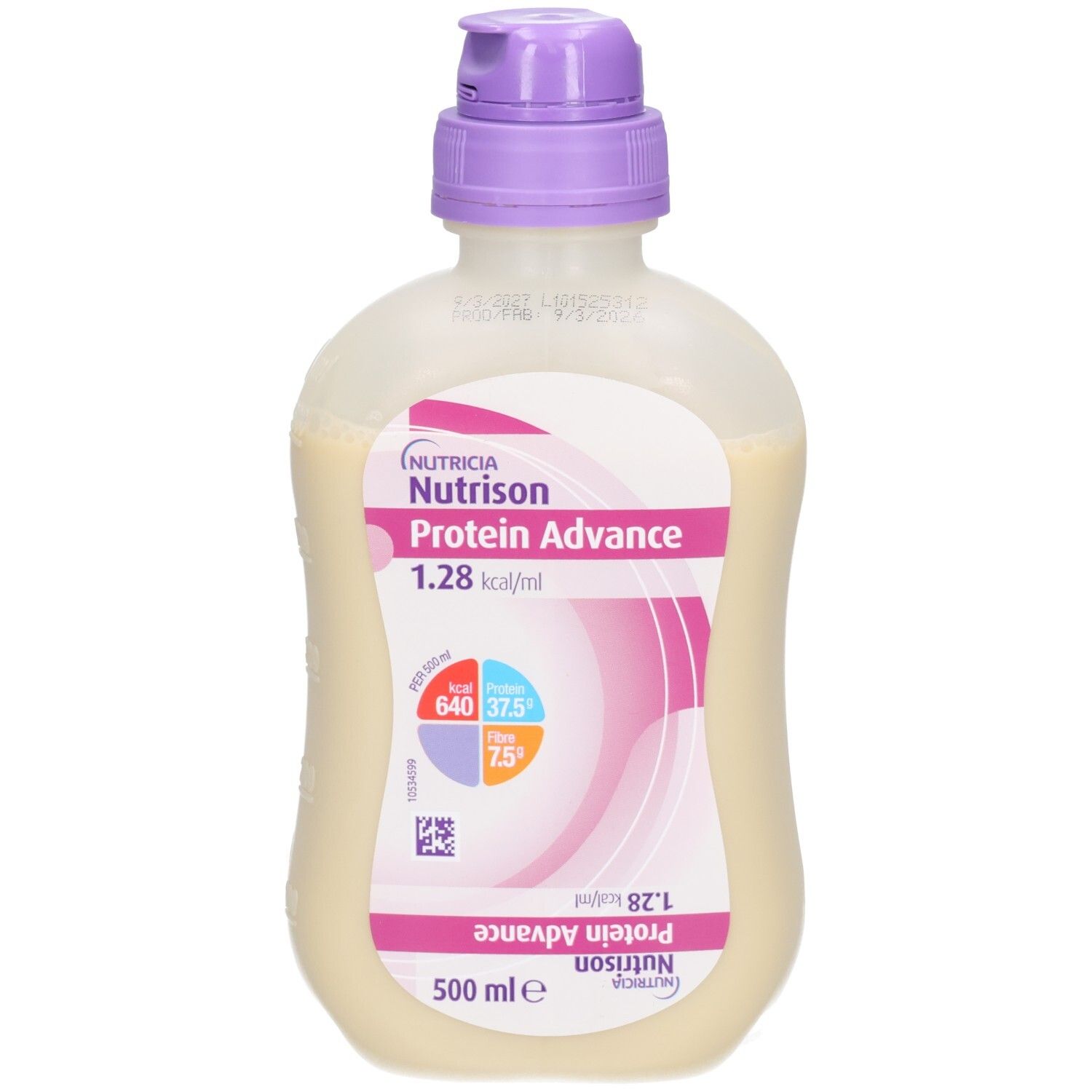 Fles met vloeistof. Etiket met productinformatie: Nutricia Protein Advance, 1,28 kcal/ml. Paarse dop.