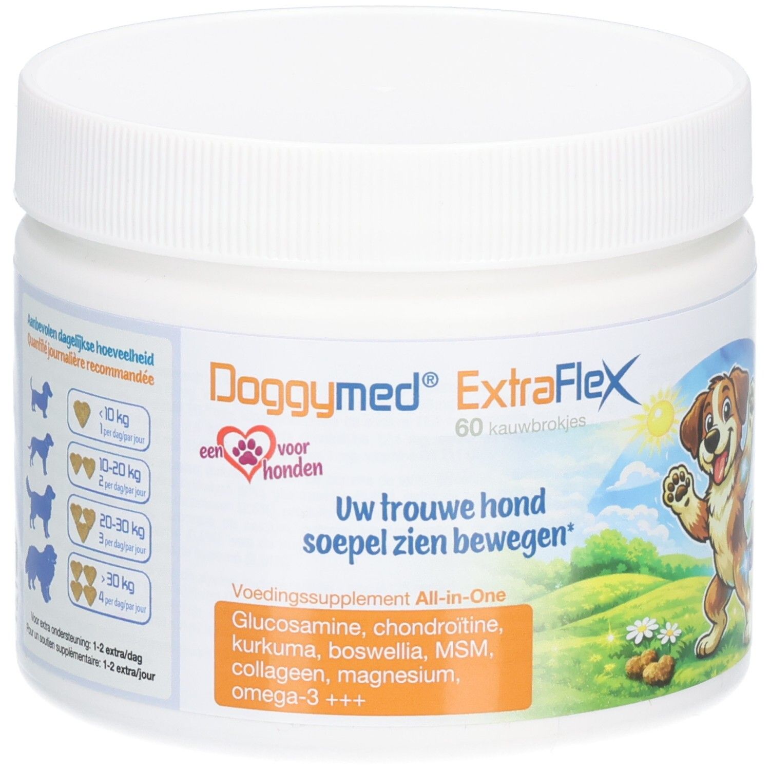 Witte pot DoggyMed ExtraFlex, 60 kauwbrokjes. Bevat glucosamine, chondroïtine, kurkuma, boswellia, MSM, collageen, magnesium, omega-3.