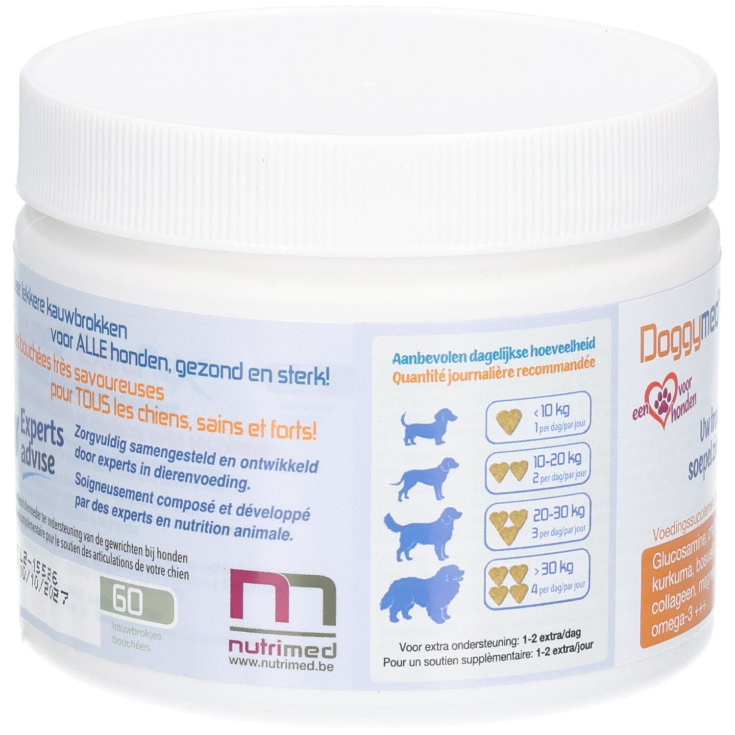 Achterkant van de witte pot. Bevat informatie over doseringsaanbevelingen en ingrediënten. Merk Nutrimed.