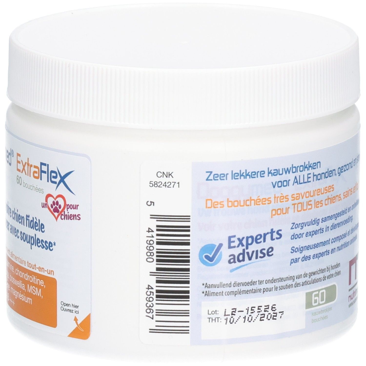 Witte pot DoggyMed ExtraFlex, 60 bouchées. Bevat informatie over ingrediënten en lotnummer.