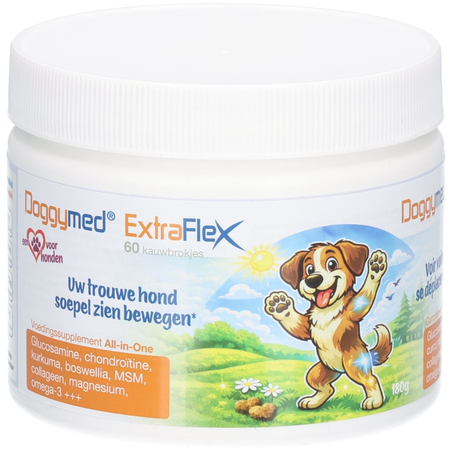 Witte pot DoggyMed ExtraFlex, 60 kauwbrokjes. Illustratie van een lachende hond. Bevat glucosamine, chondroïtine, kurkuma, etc.