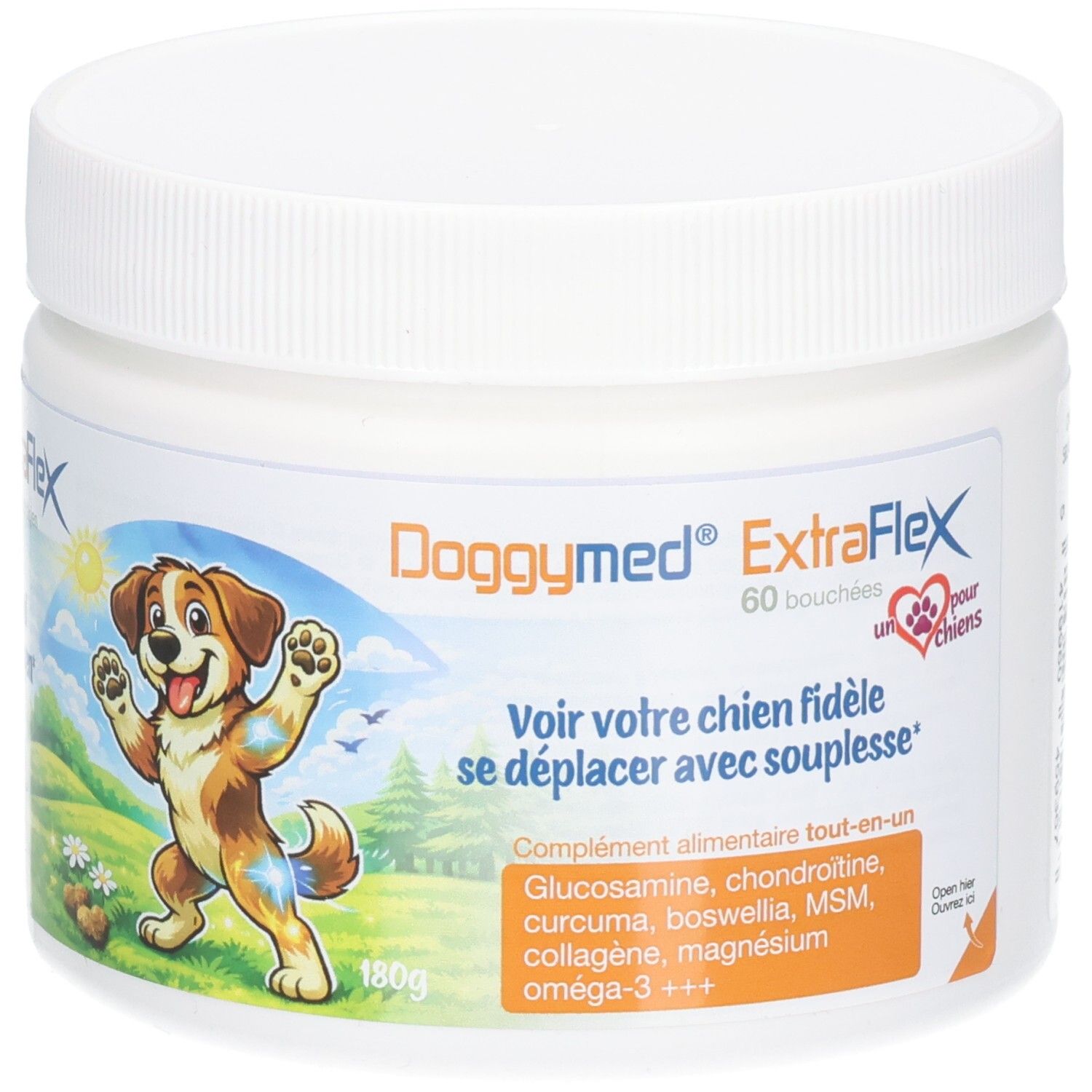 Witte pot DoggyMed ExtraFlex, 60 bouchées. Illustratie van een hond. Bevat glucosamine, chondroïtine, kurkuma, etc. Gewicht: 180g.