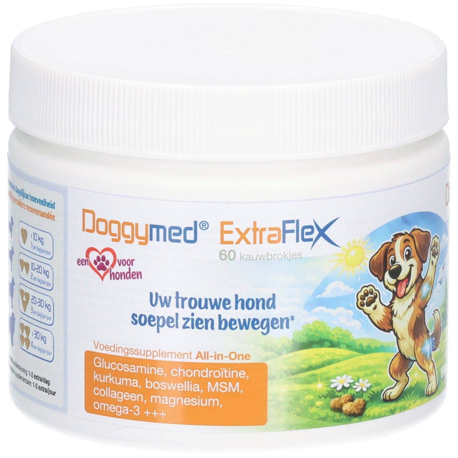 Witte pot DoggyMed ExtraFlex, 60 kauwbrokjes. Illustratie van een lachende hond. Bevat glucosamine, chondroïtine, kurkuma, etc.