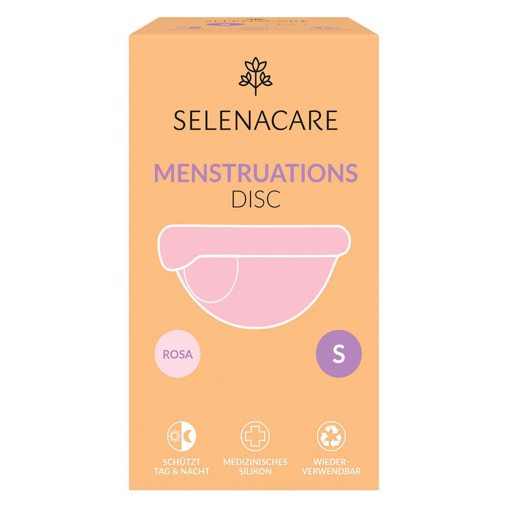 Face avant de la boîte SelenaCare Menstruations-Disc. Illustration du disque rose, taille S. Inscriptions : Menstruations-Disc.