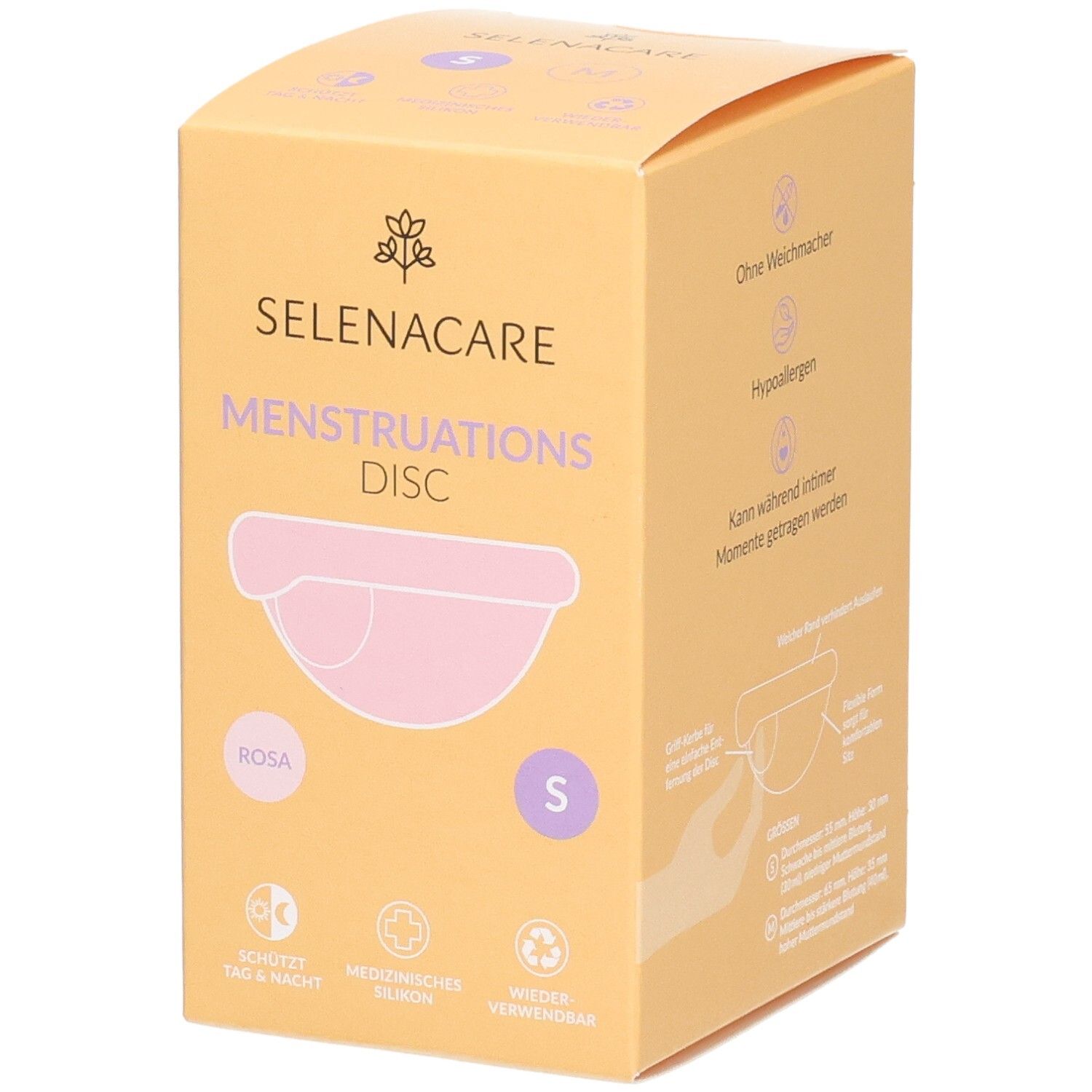 Verpakking SelenaCare Menstruatie-Disc, roze, maat S. Opschriften: Menstruatie-Disc, medisch, herbruikbaar.