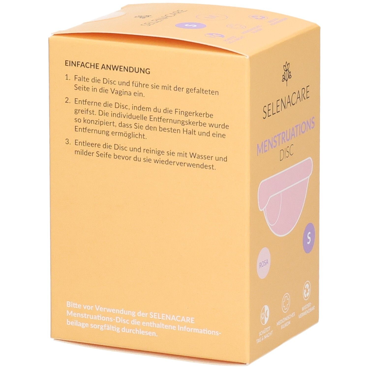 Achterkant verpakking SelenaCare Menstruatie-Disc. Tekst: Eenvoudig gebruik. Illustraties van gebruik.