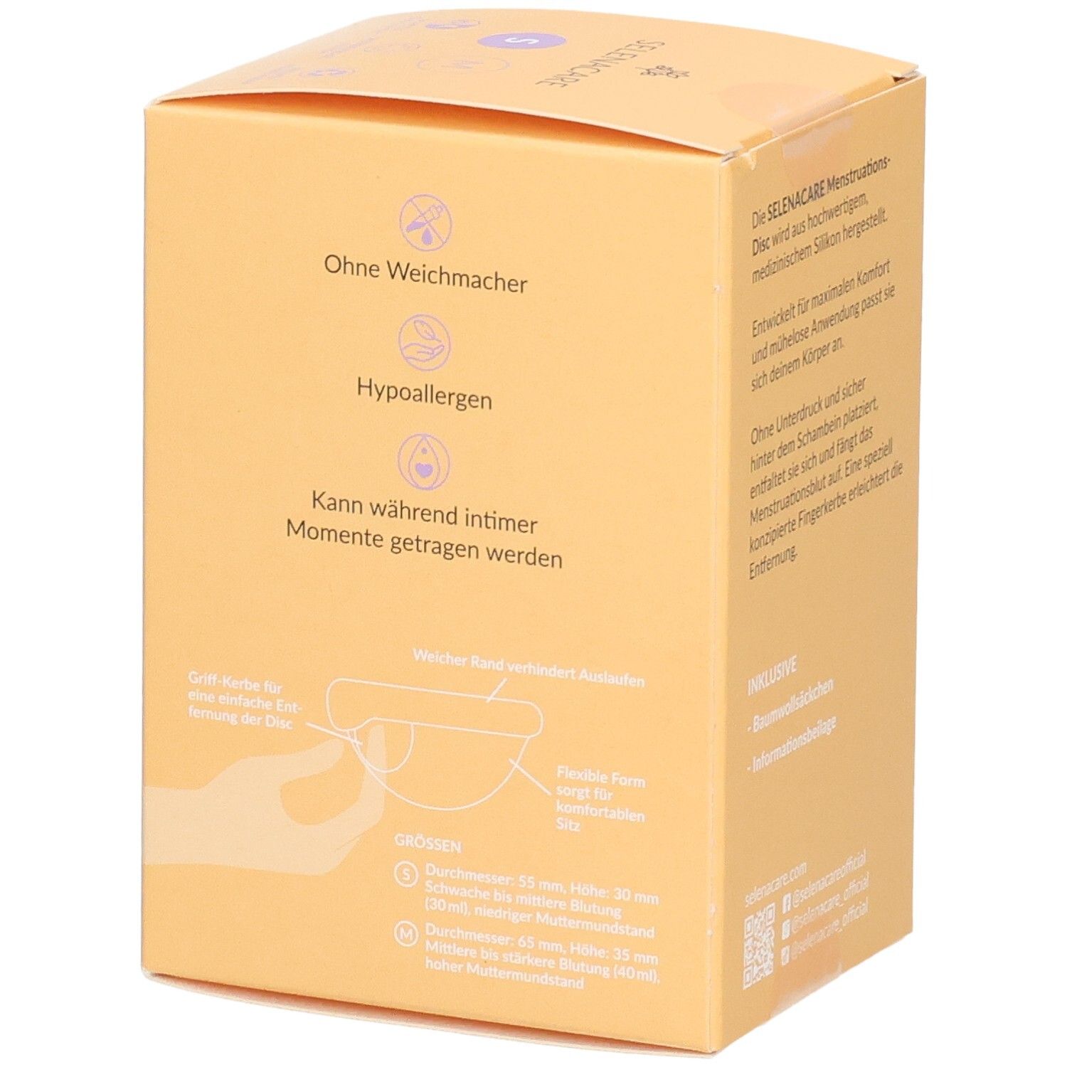 Zijkant verpakking SelenaCare Menstruatie-Disc. Tekst: Zonder weekmakers, hypoallergeen. Illustraties.