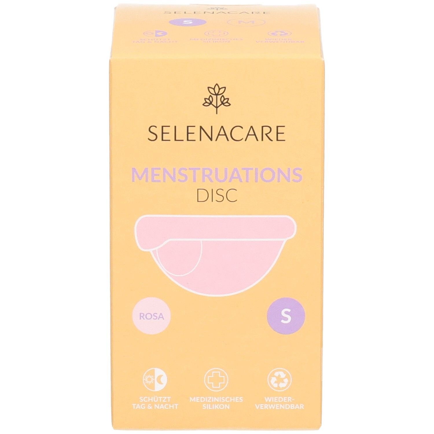 Voorkant verpakking SelenaCare Menstruatie-Disc. Roze disc-illustratie, maat S. Opschriften: Menstruatie-Disc.