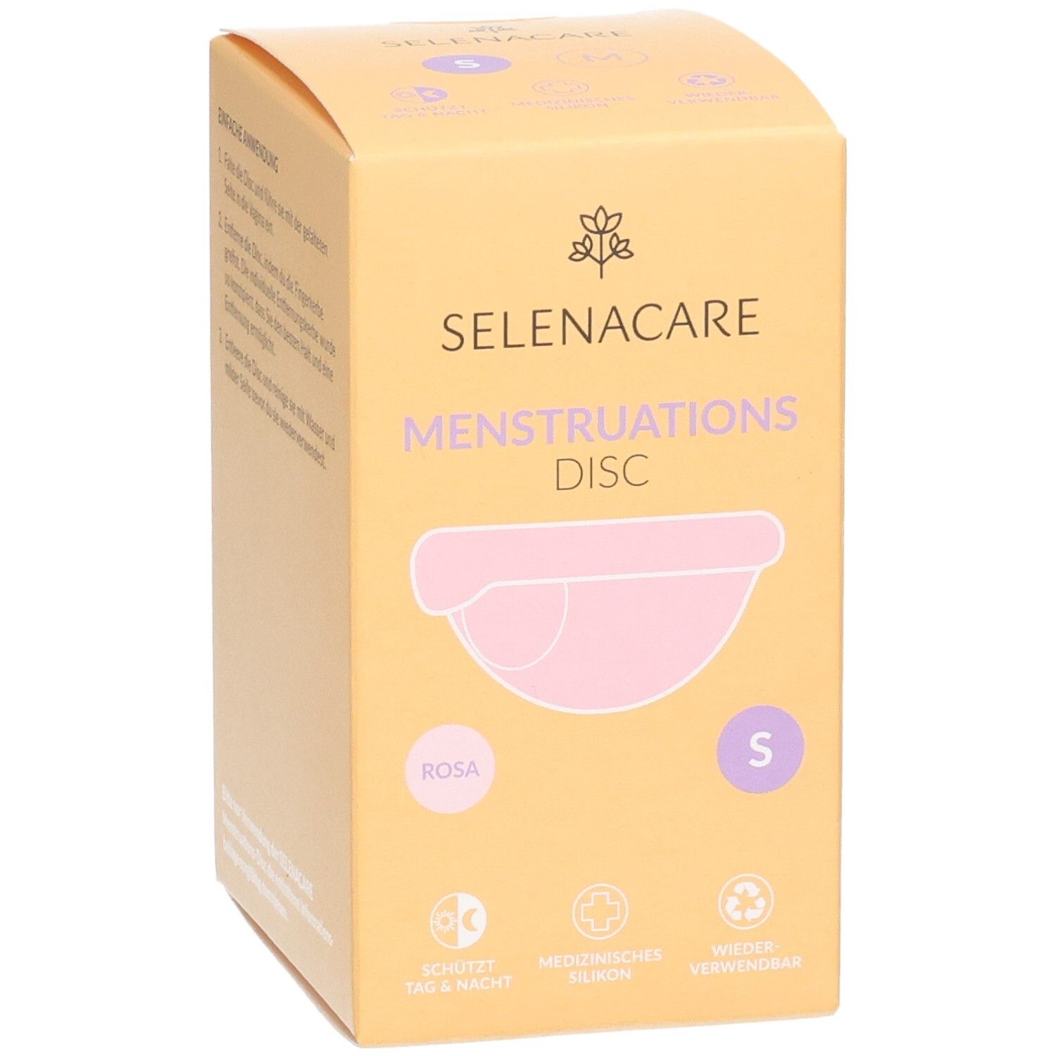Verpakking SelenaCare Menstruatie-Disc. Roze disc-illustratie, maat S. Opschriften: Menstruatie-Disc, medisch, herbruikbaar.