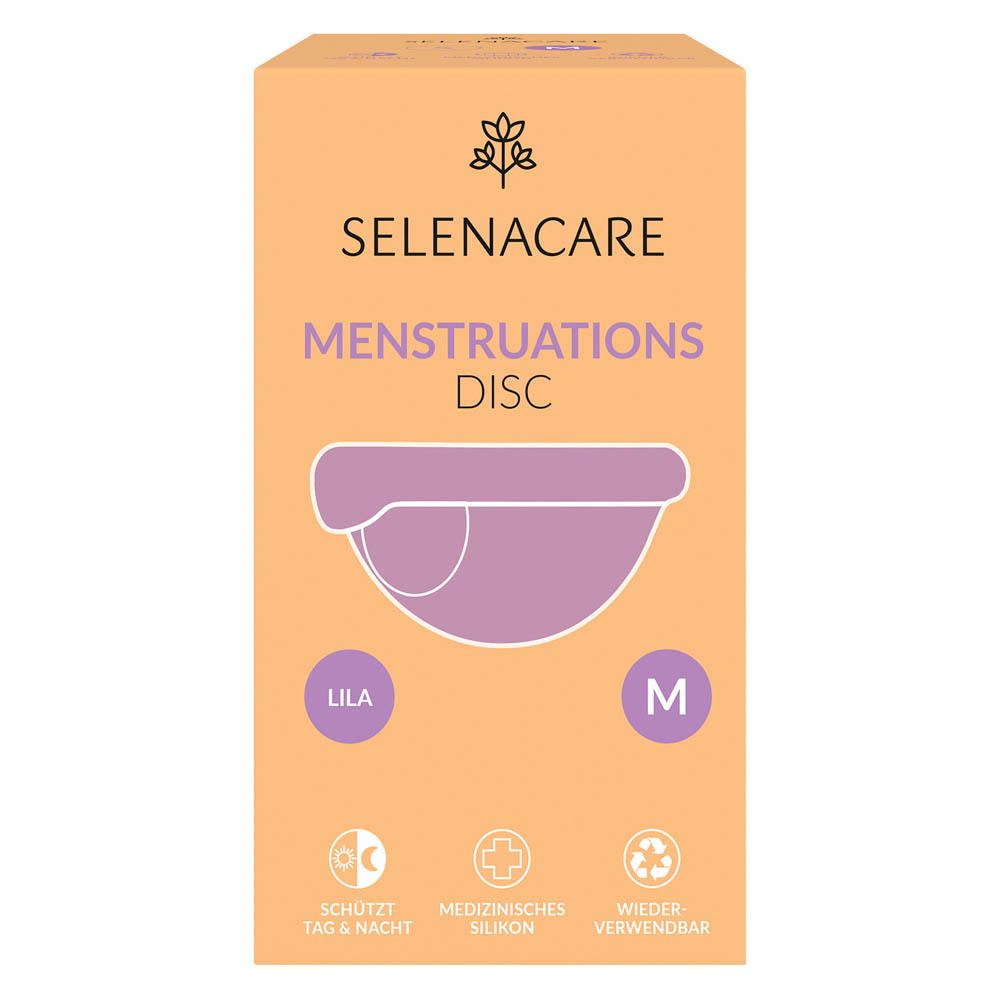 Voorkant van de SelenaCare Menstruations Disc verpakking. Lila Disc, maat M. Opschrift: Menstruations Disc, medisch, herbruikbaar.