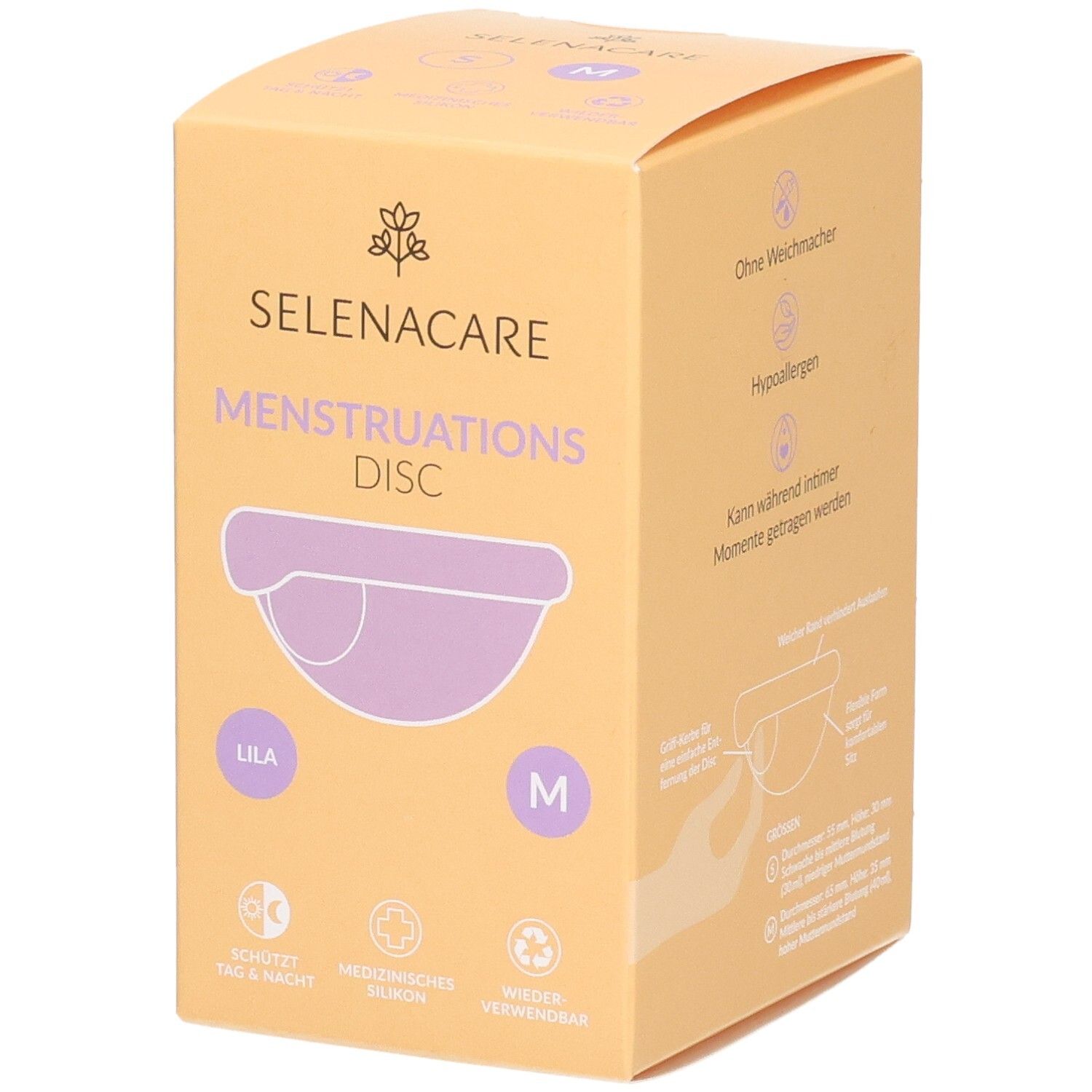 SelenaCare Menstruations Disc, lila, maat M, in verpakking. Opschrift: Menstruations Disc, medisch, herbruikbaar. Productillustratie.