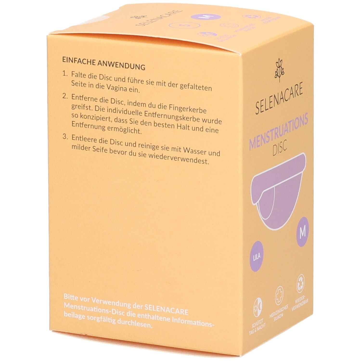 Achterkant van de SelenaCare Menstruations Disc verpakking. Tekst: Eenvoudig gebruik. Illustraties en tekst over het gebruik.