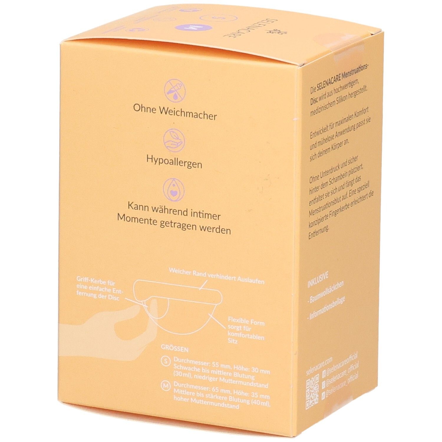 Zijkant van de SelenaCare Menstruations Disc verpakking. Tekst: Zonder weekmakers, hypoallergeen, kan tijdens intieme momenten worden gedragen.
