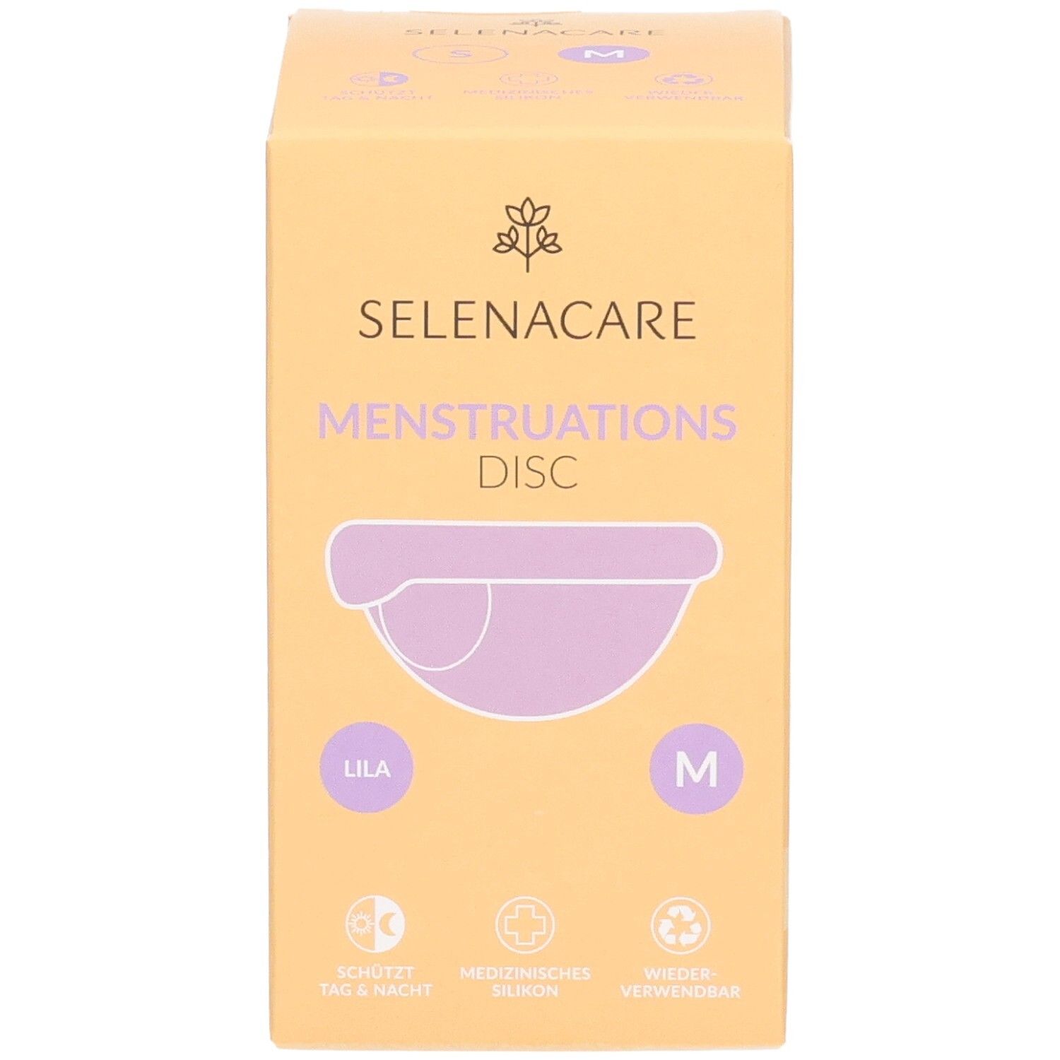 Voorkant van de SelenaCare Menstruations Disc verpakking. Lila Disc, maat M. Opschrift: Menstruations Disc, medisch, herbruikbaar.