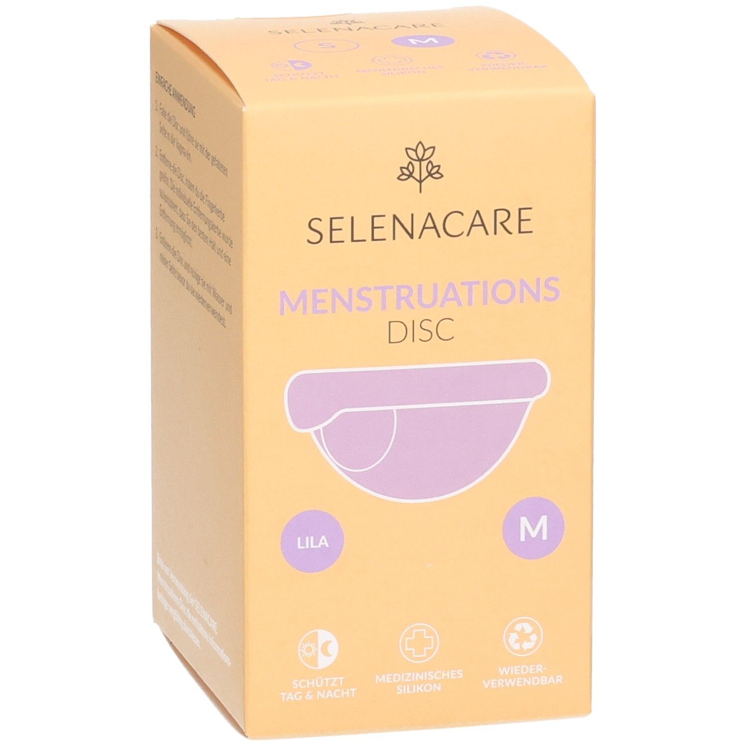 Voorkant van de SelenaCare Menstruations Disc verpakking. Lila Disc, maat M. Opschrift: Menstruations Disc, medisch, herbruikbaar.