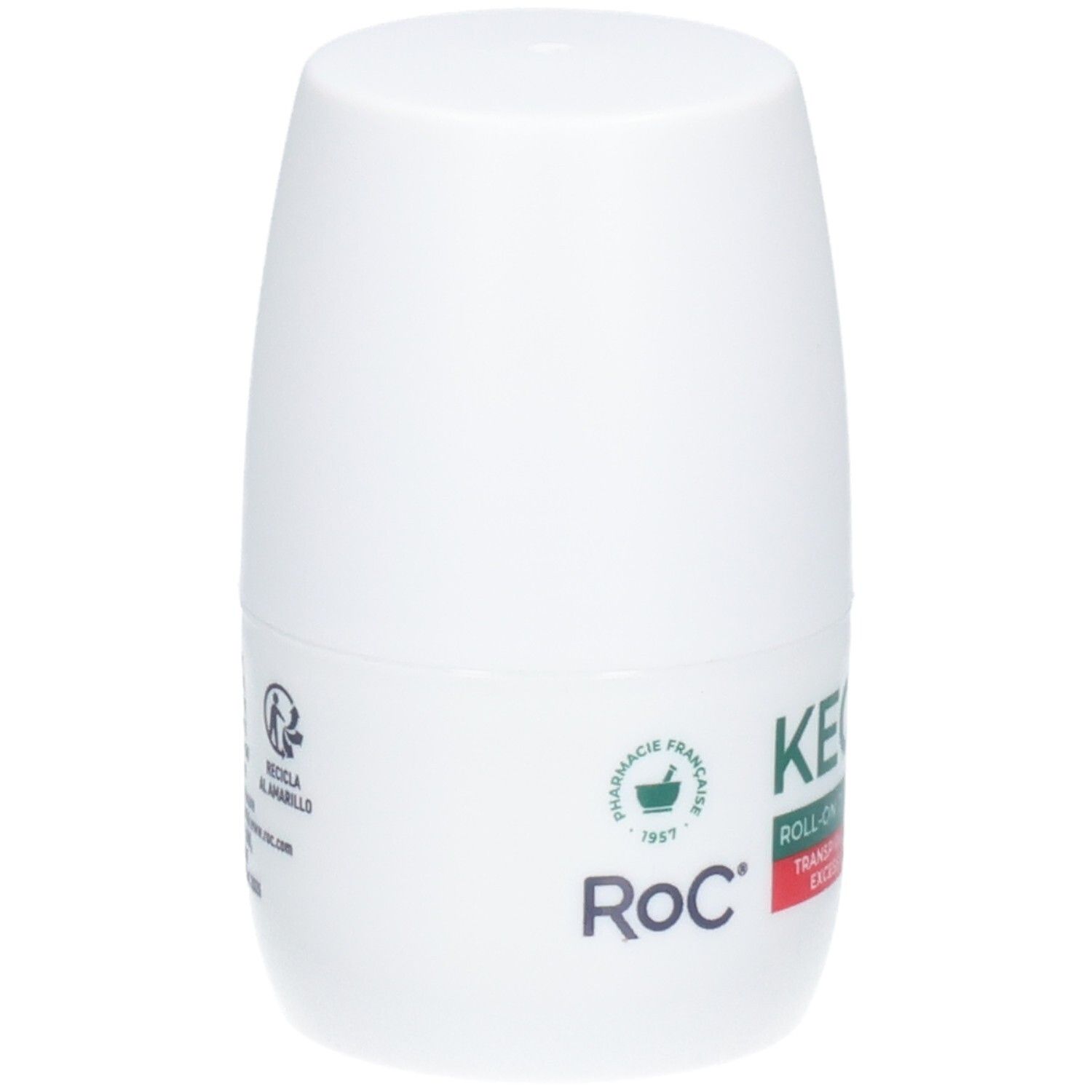 RoC Keops Roll-on Détranspirant, flacon blanc avec inscription verte et rouge.