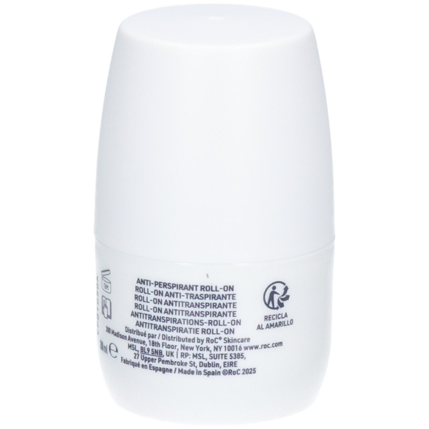 Arrière du flacon RoC Keops Roll-on Détranspirant avec informations produit et symboles de recyclage.
