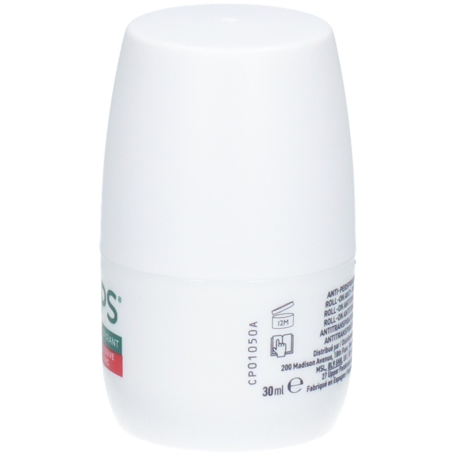 Flacon RoC Keops Roll-on Détranspirant, 30ml, avec code CP et symbole 12M.