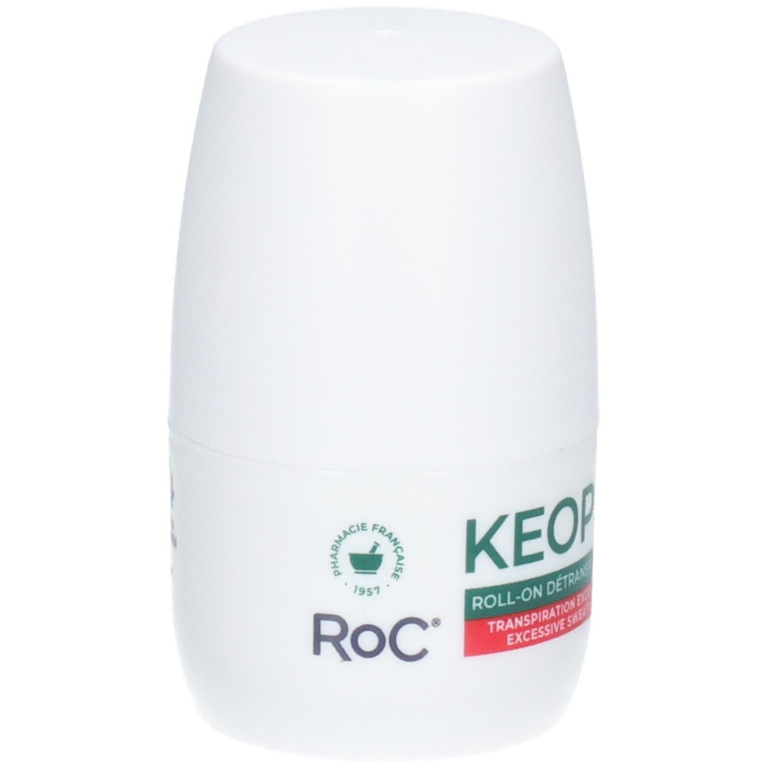 RoC Keops Roll-on Détranspirant, flacon blanc avec inscription verte et rouge.