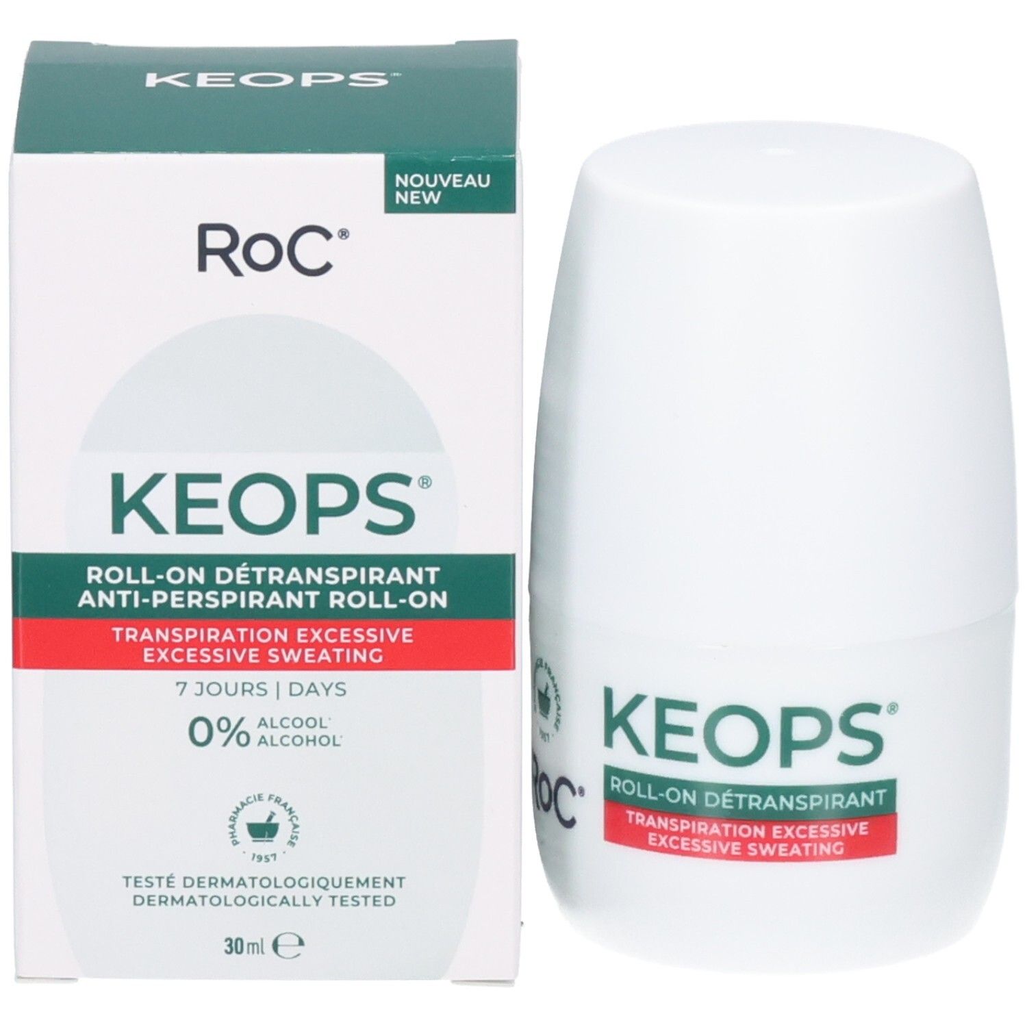RoC Keops Roll-on Détranspirant et son emballage, 30ml, 0% alcool.