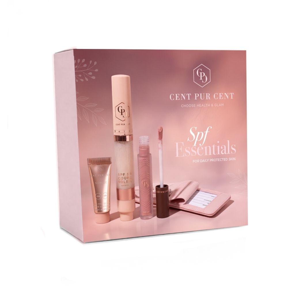 Cent Pur Cent SPF Essentials Box met zonnebrandcrème, lippenstift en spiegel.