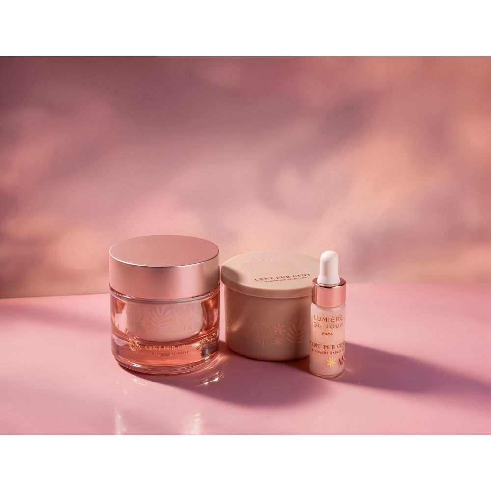 Cent Pur Cent Daily Essentials geschenkdoos, zijaanzicht met pot, doos en serum.